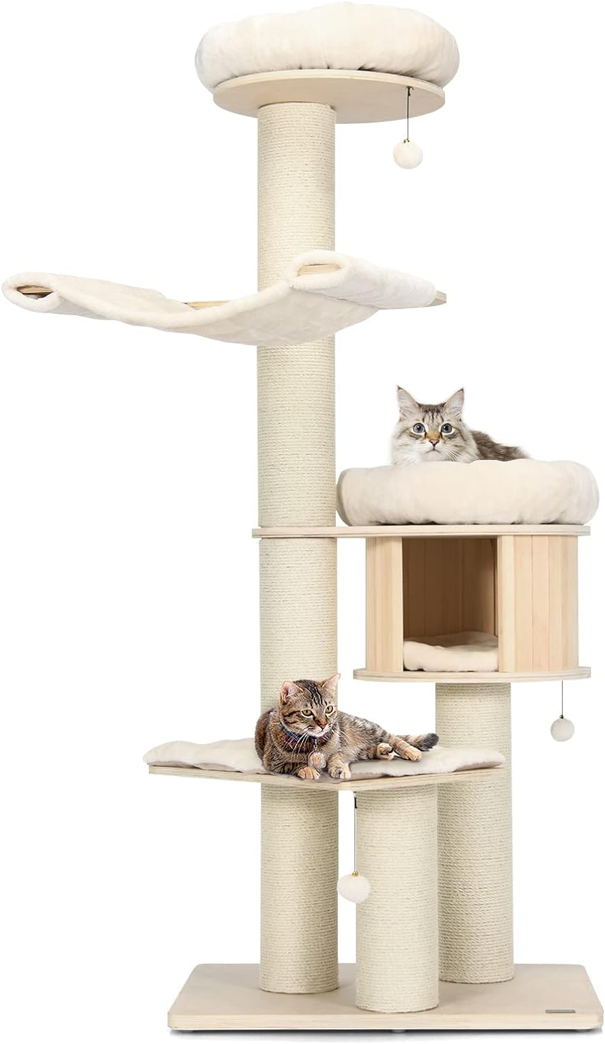 Grand arbre à chat, tour à plusieurs niveaux avec poteau en sisal, hamac, panier suspendu et tapis amovibles et lavables, parfait pour les grands chats