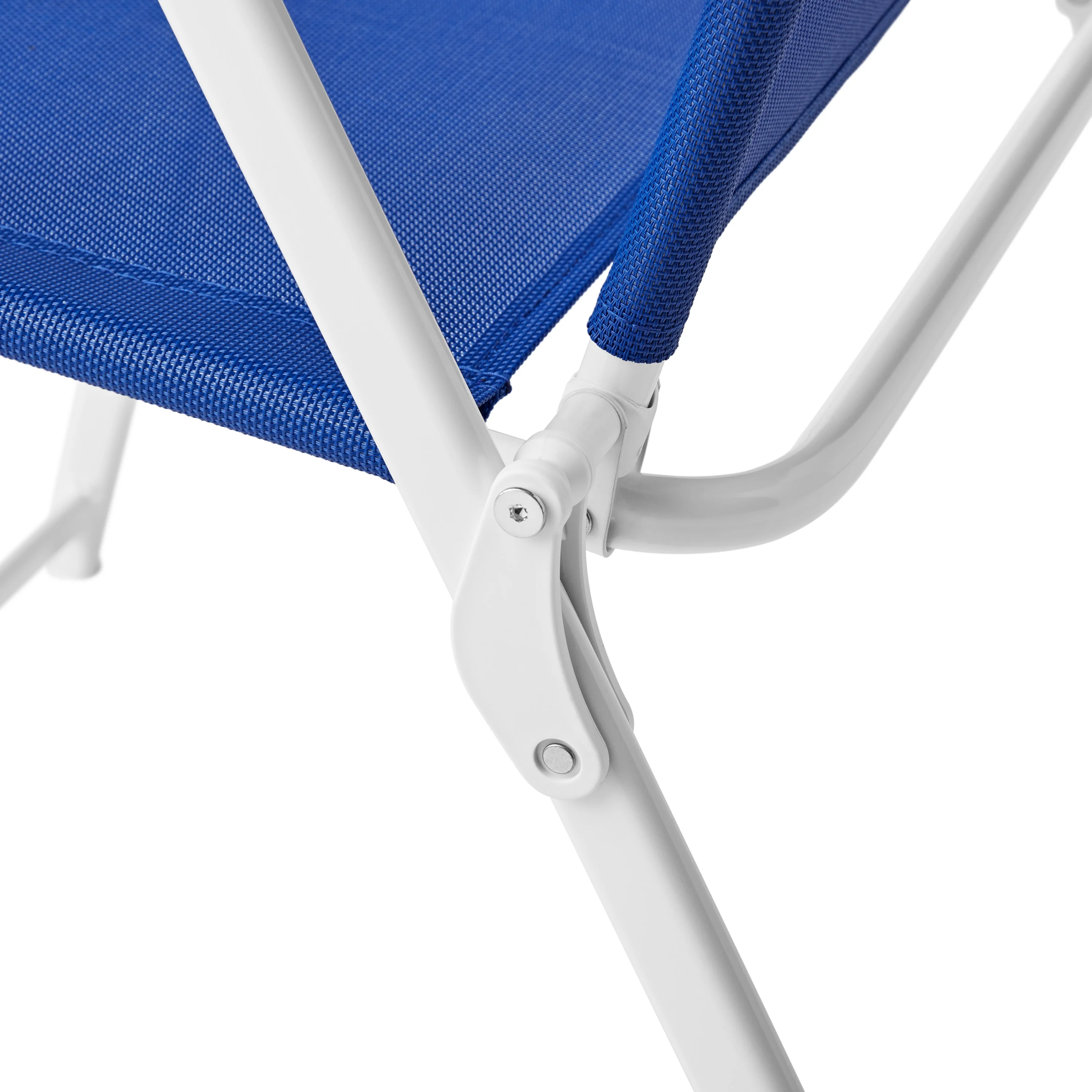 2025 Mainstays Albany Lane udendørs spisebordssæt med 5 dele. Hvidt stålstel og blåt stof.