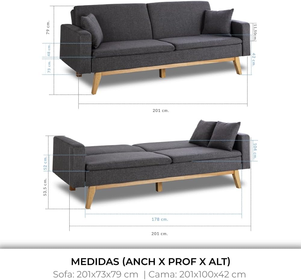 Don Descanso Reine 3-Sitzer-Schlafsofa, Stoffbezug, Click-Clack-Öffnungssystem, Sofa-Maße: 201 x 73 x 79 cm, Bett-Maße: 201 x 99 x 42 cm, inklusive 2 Kissen, Hellgrau