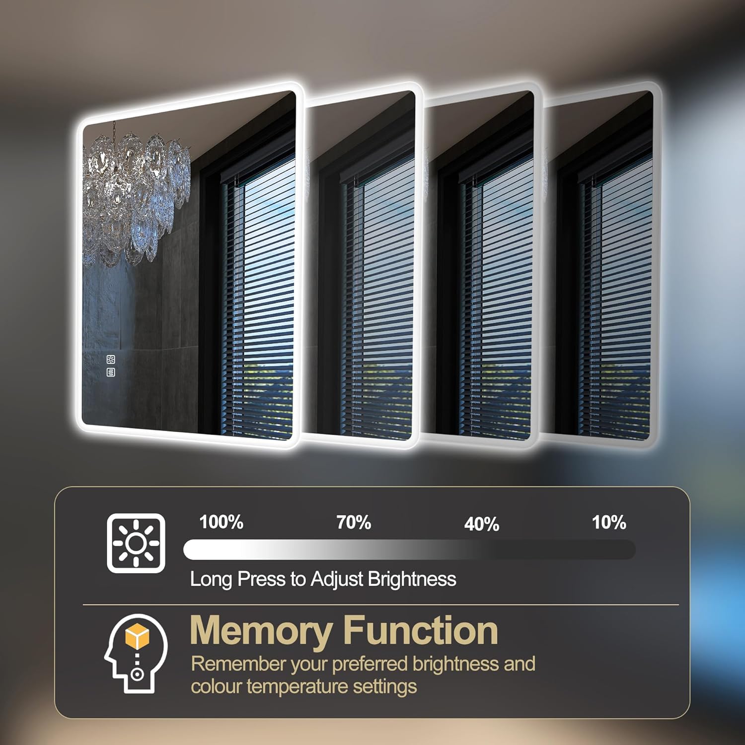 S'bagno badeværelsesspejl med lys 1200x700mm, IP44 - badeværelsesspejl med LED og Bluetooth, antidugfunktion / 3 lysfarver (3000K, 4000K, 6500K) / Dæmpbar / Memory, lodrette eller vandrette badeværelsesspejle med LED