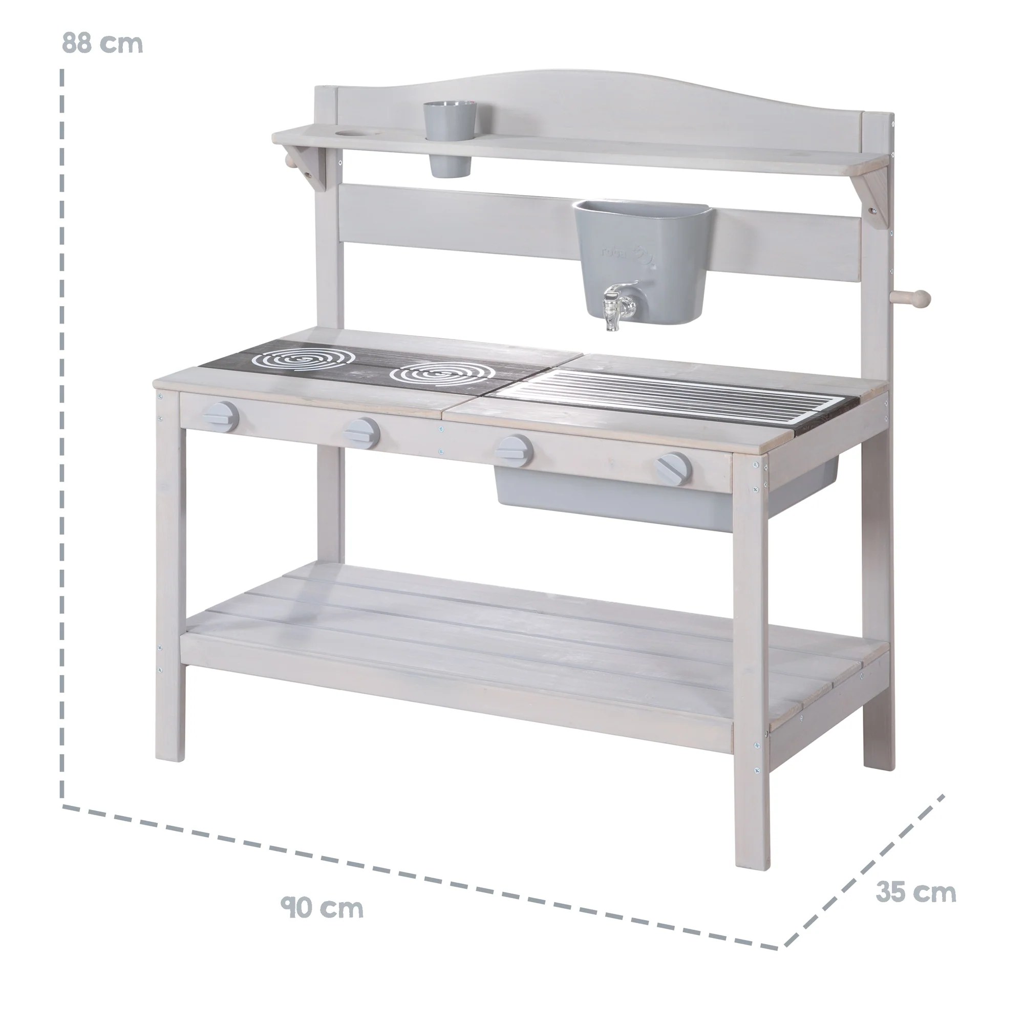 Lehmküche im Freien mit Zubehör – FSC-zertifiziertes Holz – gravierte graue Oberfläche