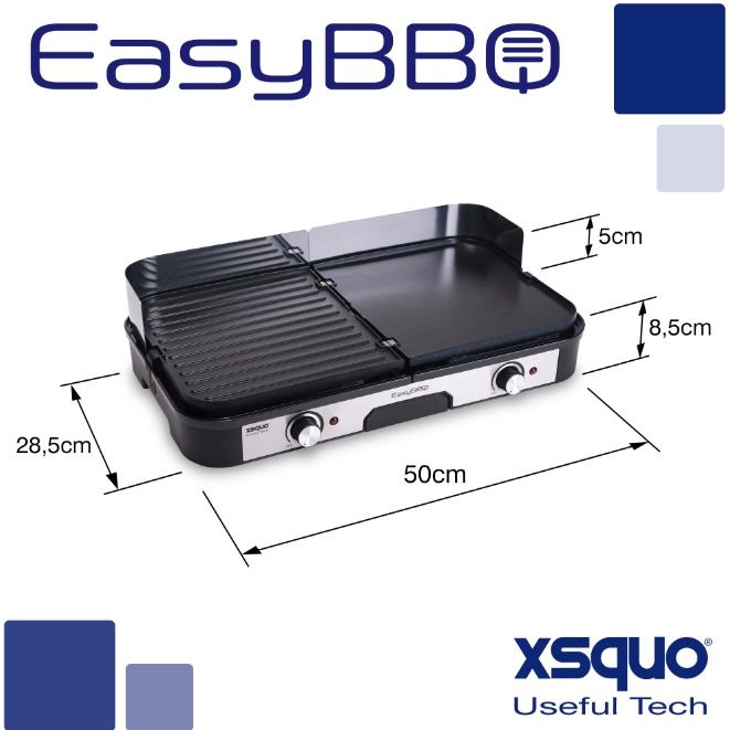 Easy BBQ Grill, Teppanyaki. Zwei unabhängige Kochzonen kombinieren Grill und Grillplatte, zwei wendbare und antihaftbeschichtete Aluminiumplatten mit zwei Thermostaten bis zu 270º.