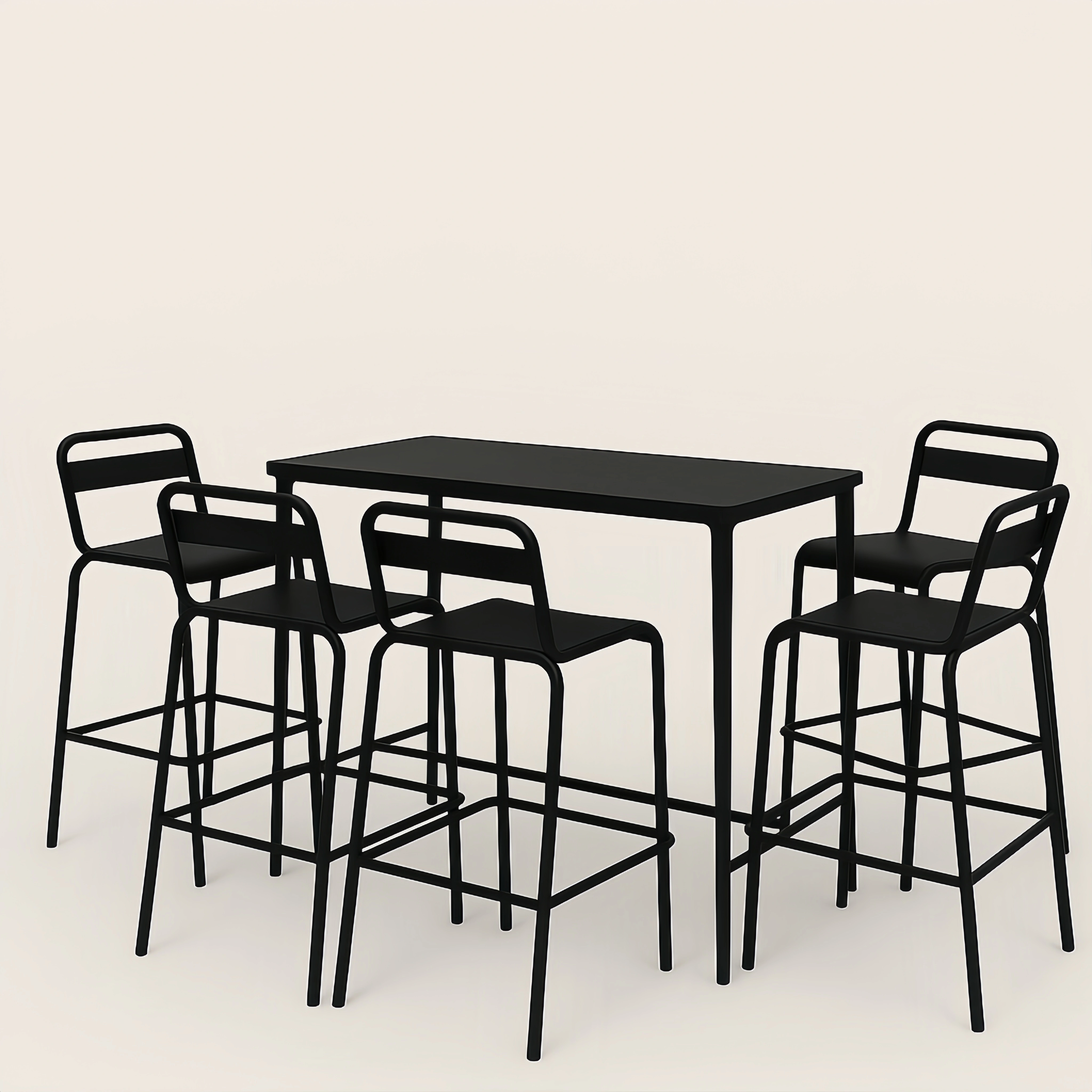 Ensemble table haute et tabourets, métal noir, extérieur