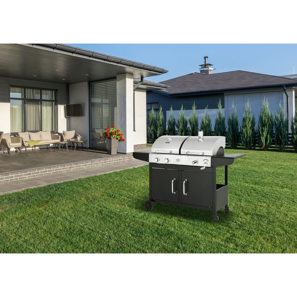 2-in-1 Western Gas- und Holzkohlegrill – Schwarz