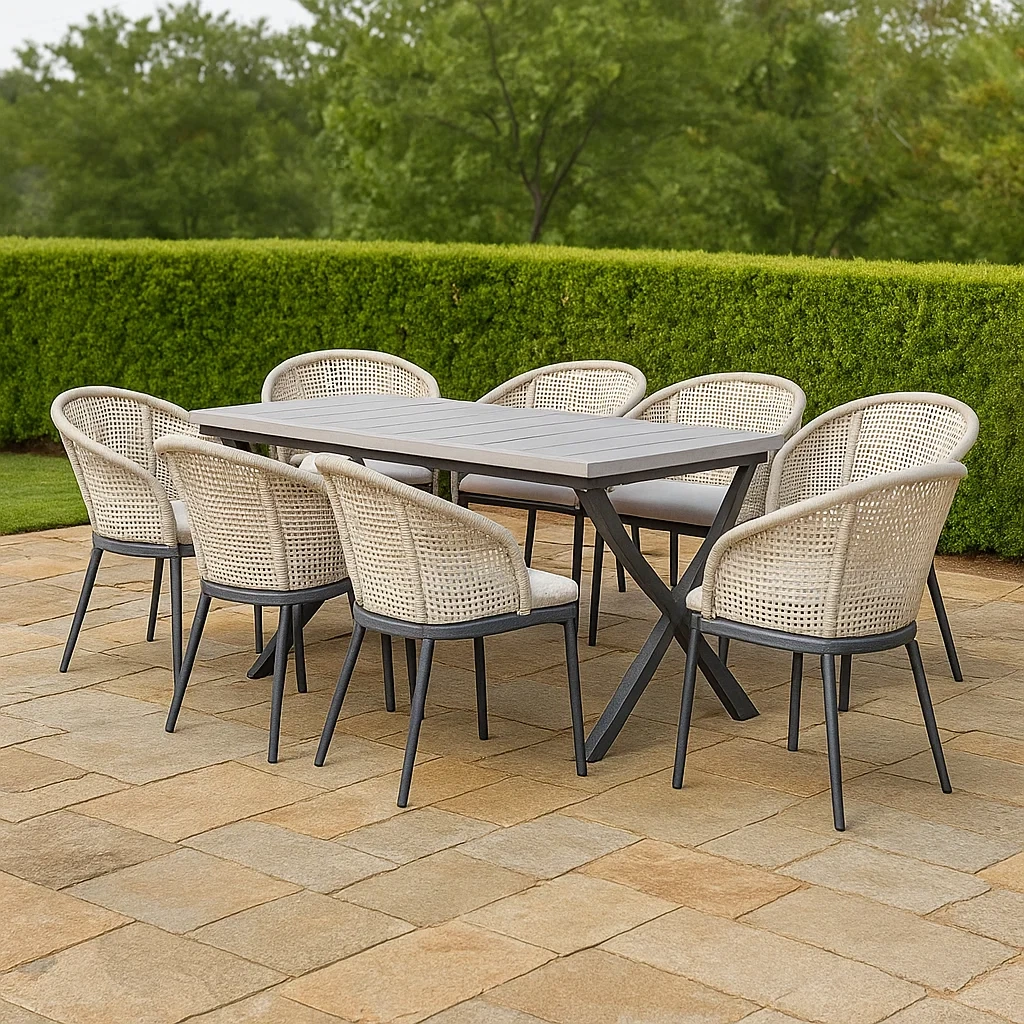 Ensemble table et chaises de jardin 8 places, rotin et métal, blanc, rectangulaire, résistant aux intempéries, table 200 x 90 x 85 cm, chaises 50 x 50 x 80 cm, fauteuil 2 places 80 x 100 x 50 cm - LXx9T6dO1dWv
