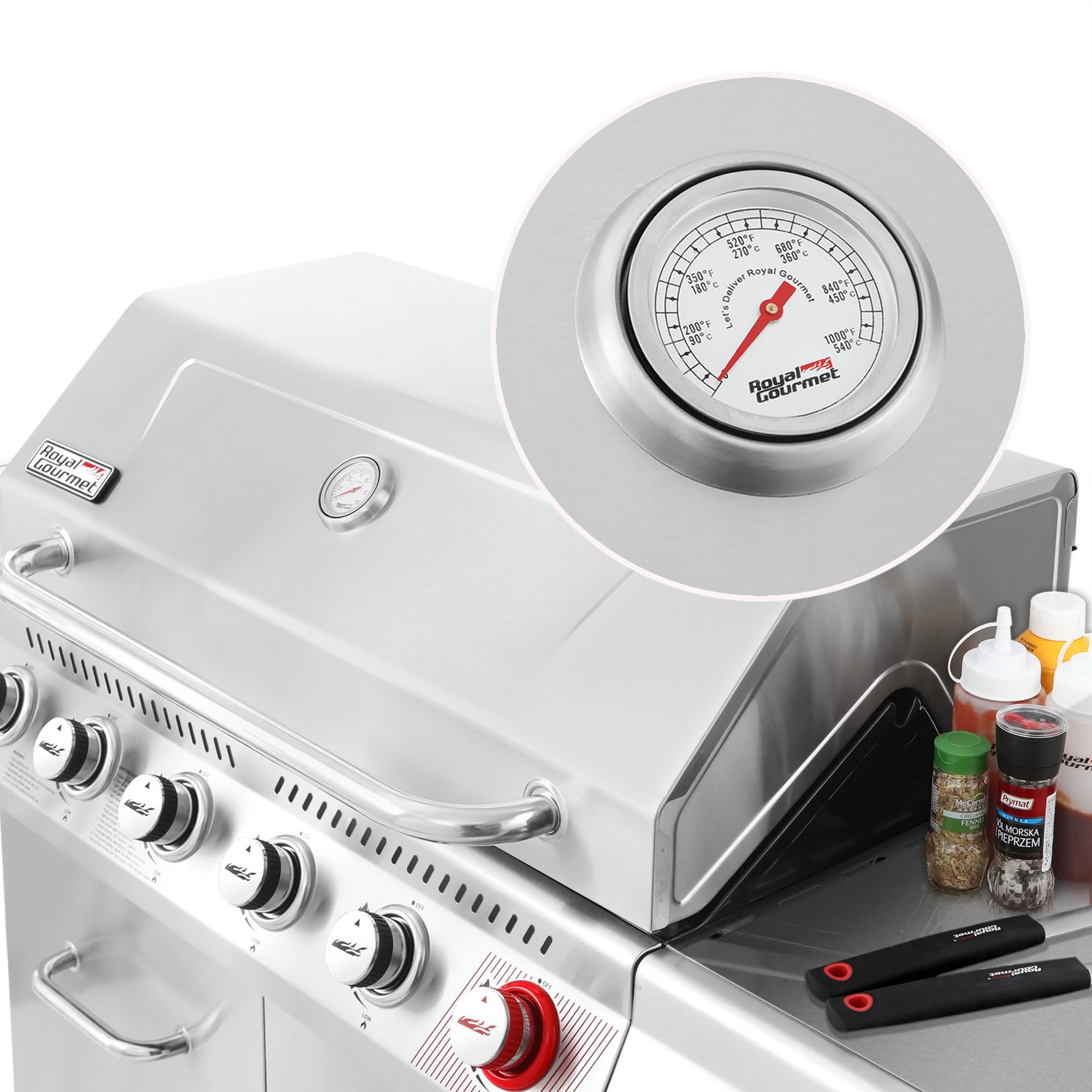 2025 Royal Gourmet GA6402S gasgrill i rustfrit stål. Premier propangrill med 6 brændere, searbrænder og sidebrænder. 74.000 BTU. Skabsstil. Udendørs grill. Sølv.