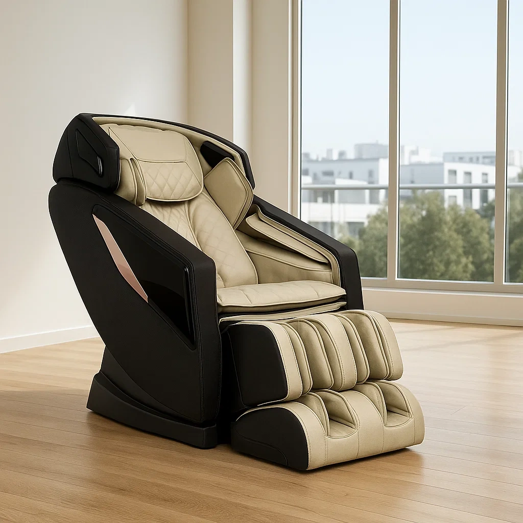 Fauteuil de massage, couleur crème, revêtement en similicuir, adapté à une utilisation en intérieur, 125 x 65 x 125 cm