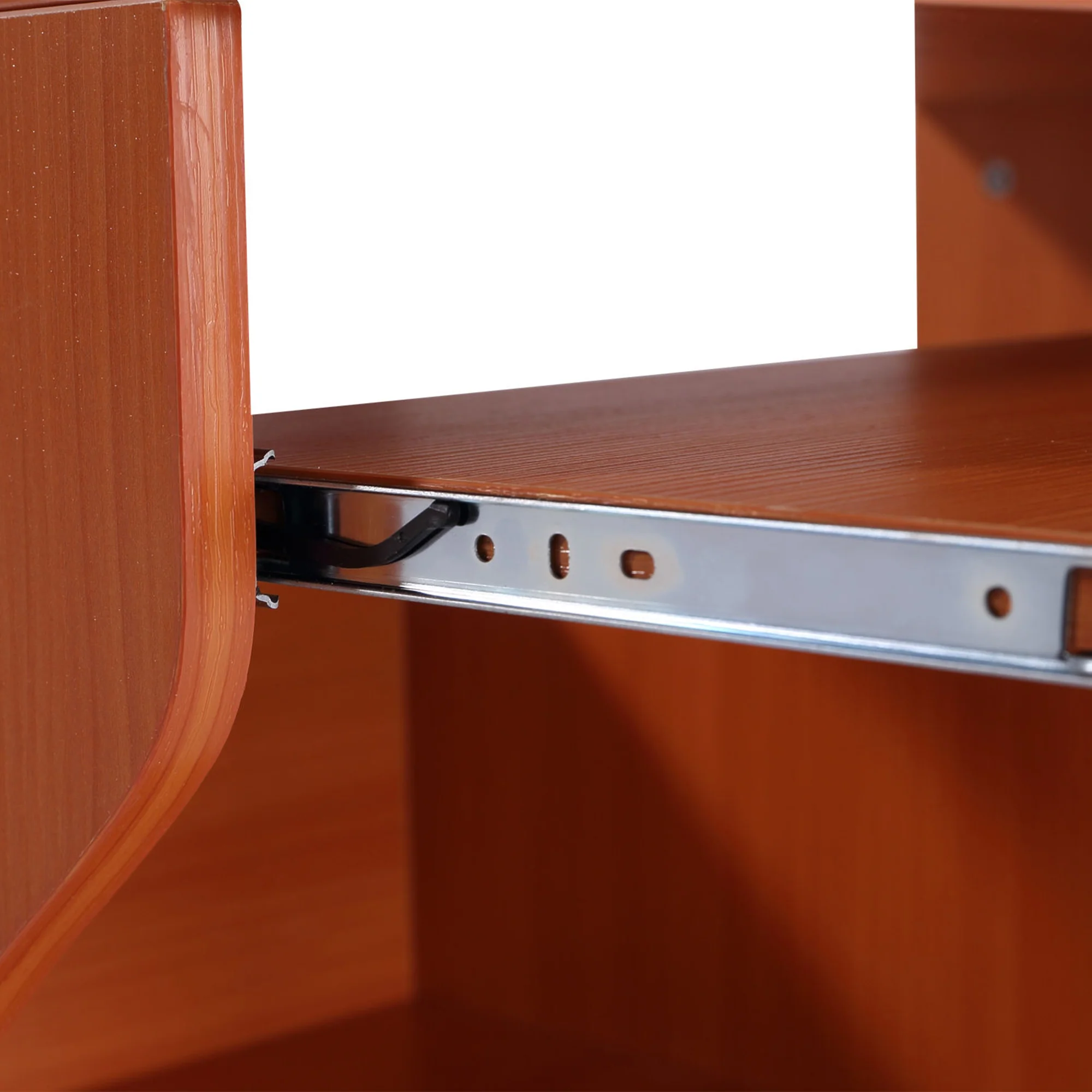 Computertisch mit ausziehbarer Tastaturablage, Ablagefächern und Rollen. Kirschrot.