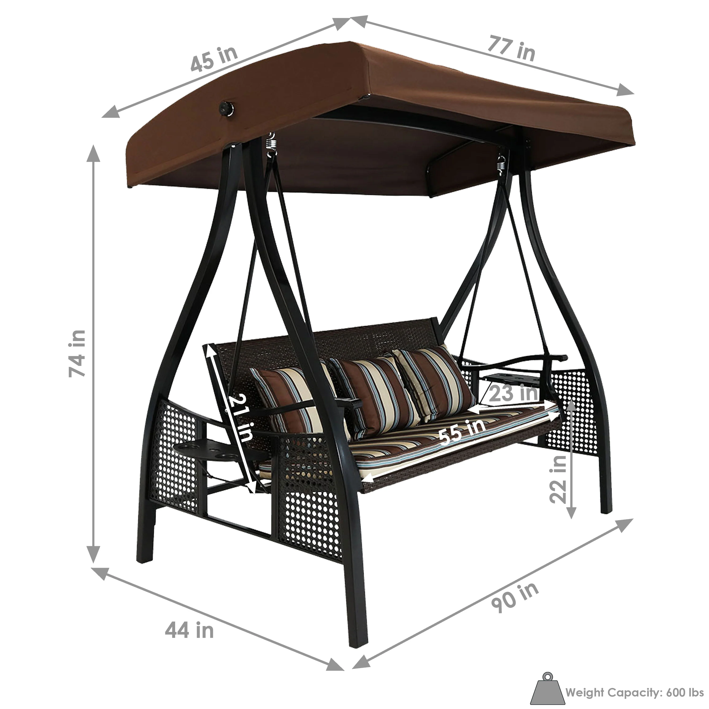 Balançoire de jardin Sunnydaze Deluxe 3 personnes avec auvent et tables d'appoint (modèle 2025)