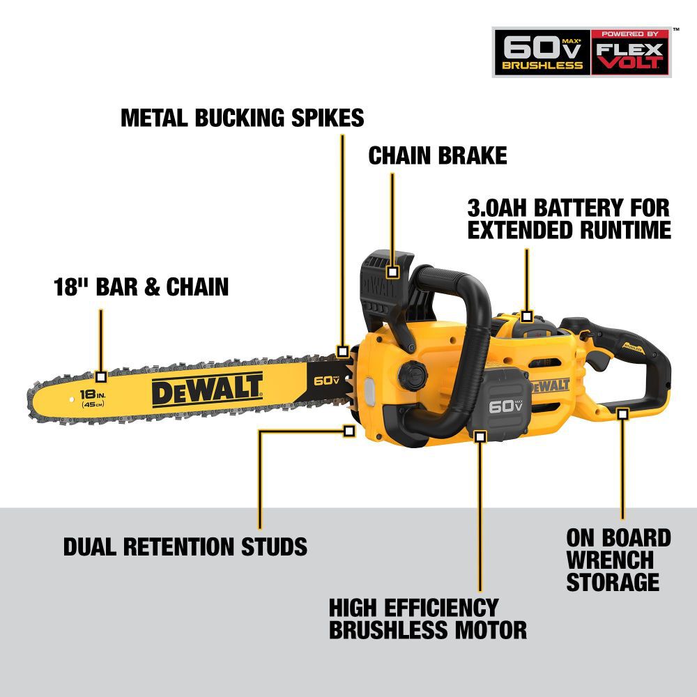 Tronçonneuse sans fil DEWALT 60V MAX. Guide de 45,7 cm (18 po). Moteur sans balais. Batterie incluse.