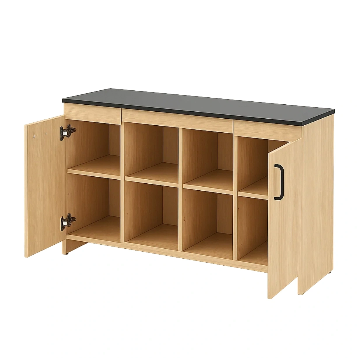 Îlot de cuisine rectangulaire avec compartiments ouverts et portes en MDF, coloris chêne clair et plan de travail noir, sans roulettes, 120 x 40 x 80 cm, pour cuisine fonctionnelle - 08oNX0ehy6dP