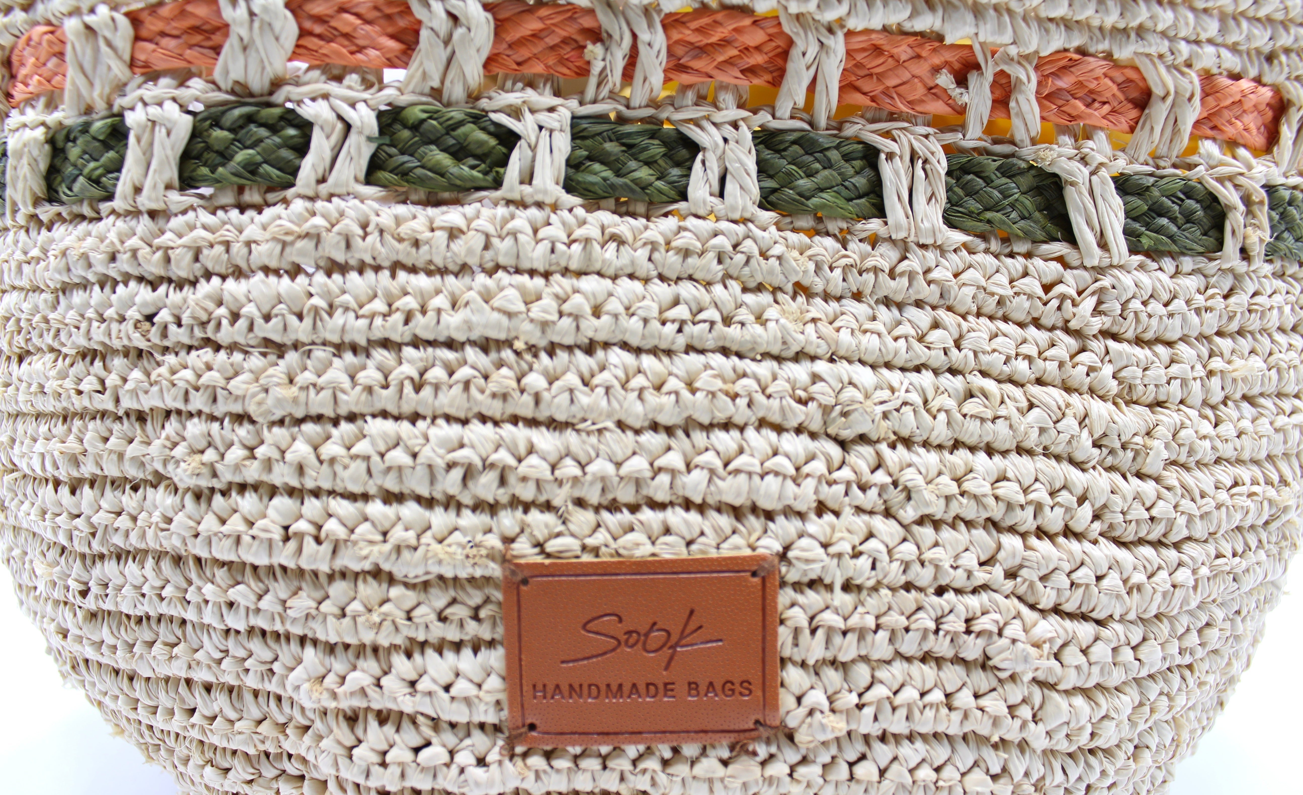 Zola - Handmade Natural Raffia Tote Bag - Pastel Green and Amber