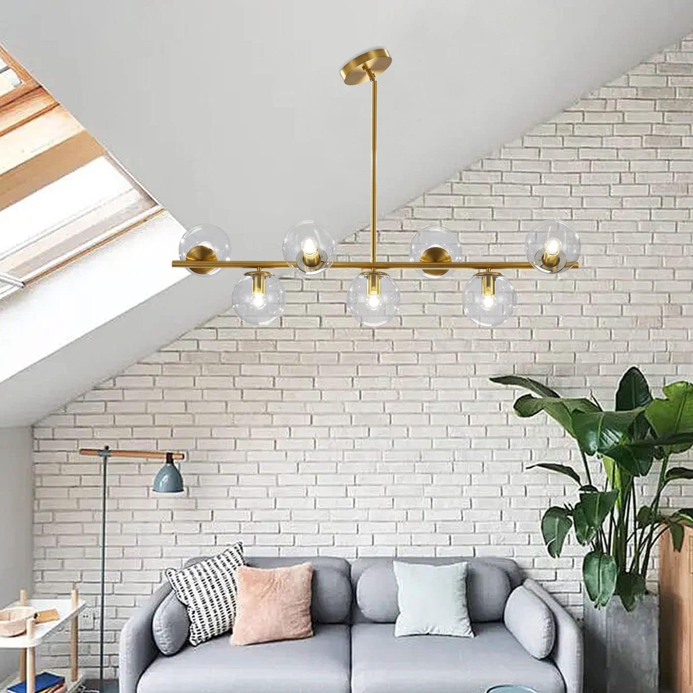 Moderne Esszimmerleuchte von KCO Lighting aus goldfarbenem Metall, Kücheninsel-Pendelleuchte aus weißem Glas, 7-flammig, E27, 80 cm höhenverstellbar