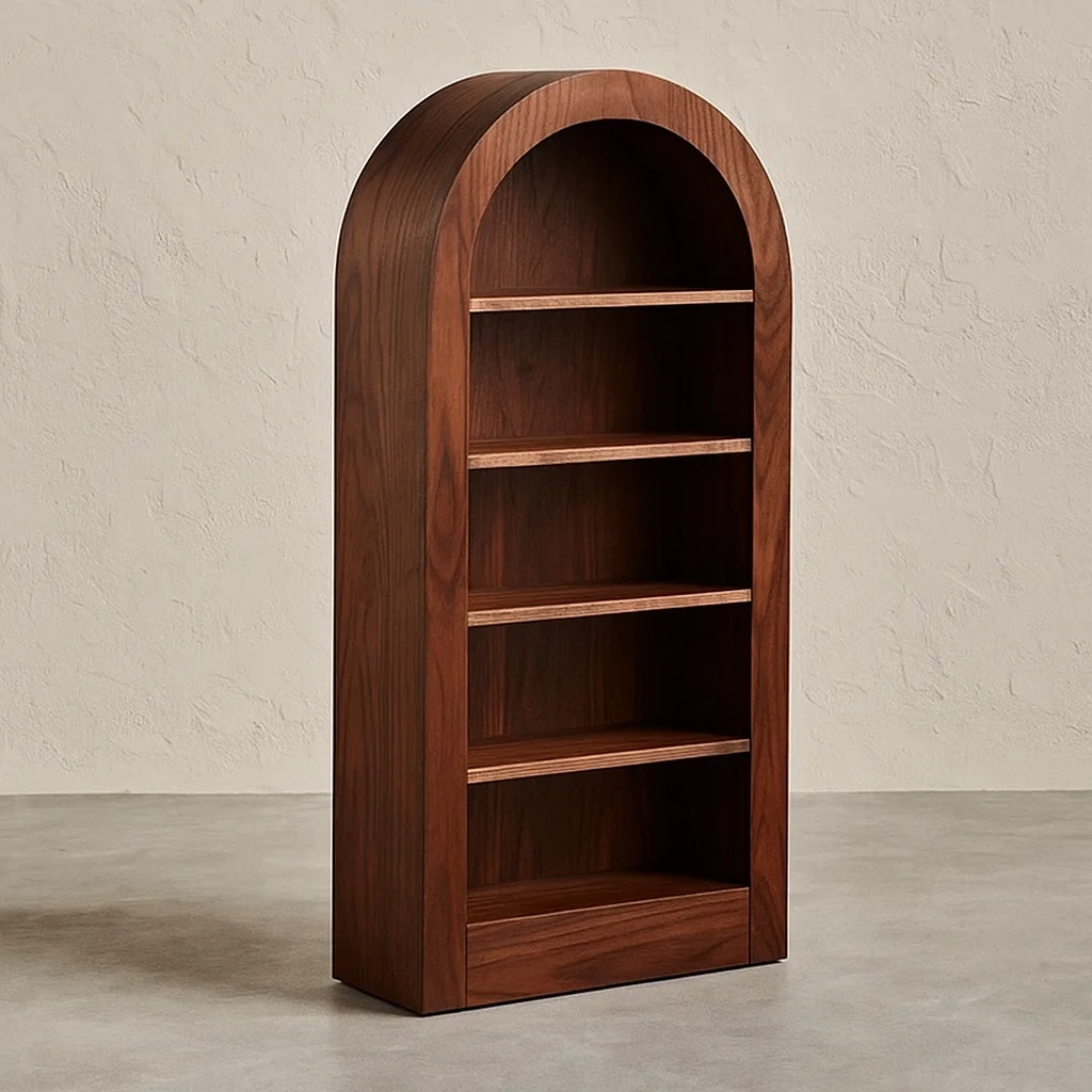 Bibliothèque ouverte à structure cintrée, 5 étagères, MDF plaqué bois, coloris noyer foncé, montage requis, usage intérieur, 75 x 30 x 150 cm - iTbsM8uJnMCK