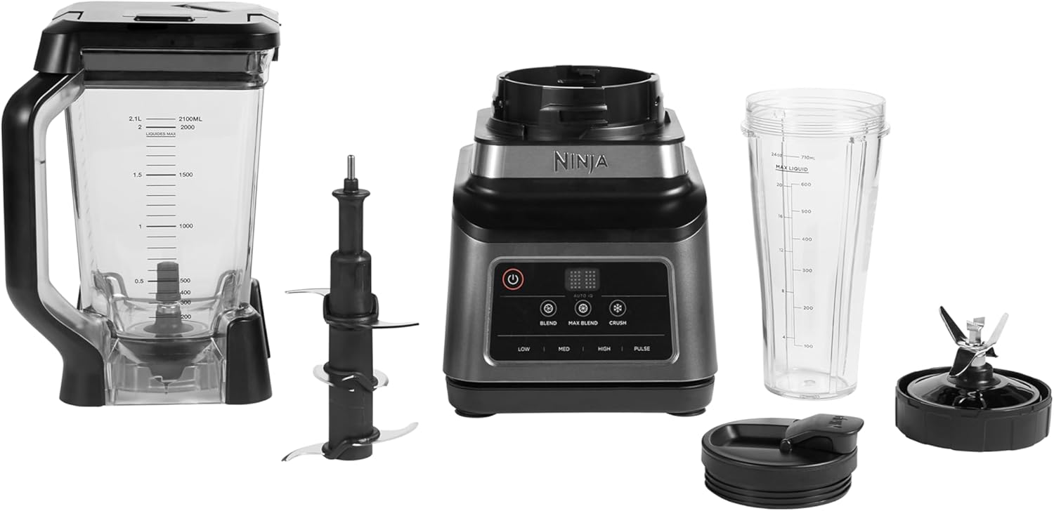 Ninja BN750EU 2-in-1-Standmixer – 1200 W, 3 Automatikprogramme, 4 manuelle Einstellungen, Auto-iQ-Technologie, 2,1-Liter-Behälter und 700-ml-Messbecher, spülmaschinenfeste Teile – Schwarz/Silber