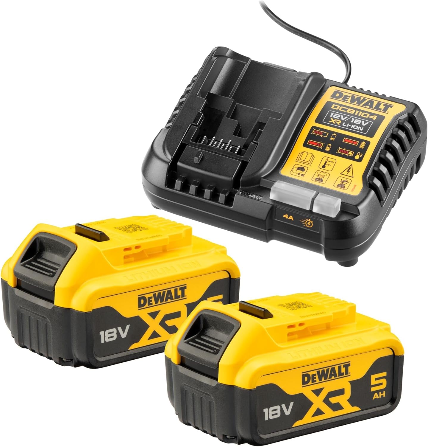 DeWalt DCB1104P2-QW, 18V 5Ah Akku-Set, 2x XR DCB184 Akkus, inklusive Schnellladegerät für XR Slide Akkus und Flexvolt Akkus