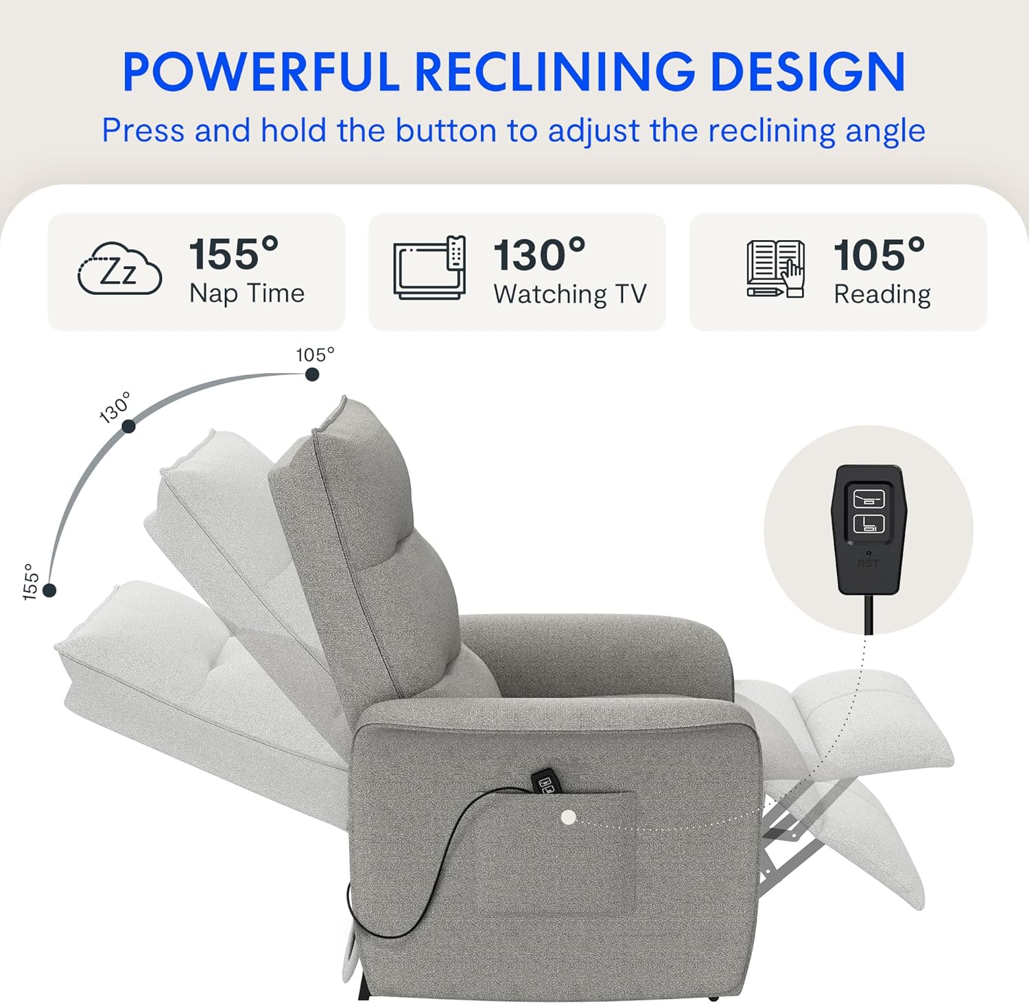 FLEXISPOT Elektrischer Relaxsessel mit verstellbarer Rückenlehne, Neigungswinkel 105° bis 155°, ergonomischer Relaxsessel für Schlafzimmer, Wohnzimmer und Heimkino (Dunkelgrau)