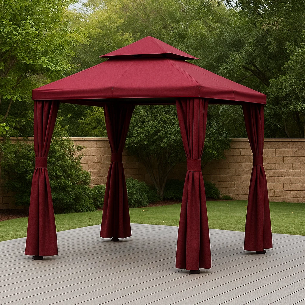 Kiosque et tonnelle carrés en métal bordeaux, à toit en croupe, autoportants, 300 x 300 x 265 cm, pour jardin - BIs2s11edllr