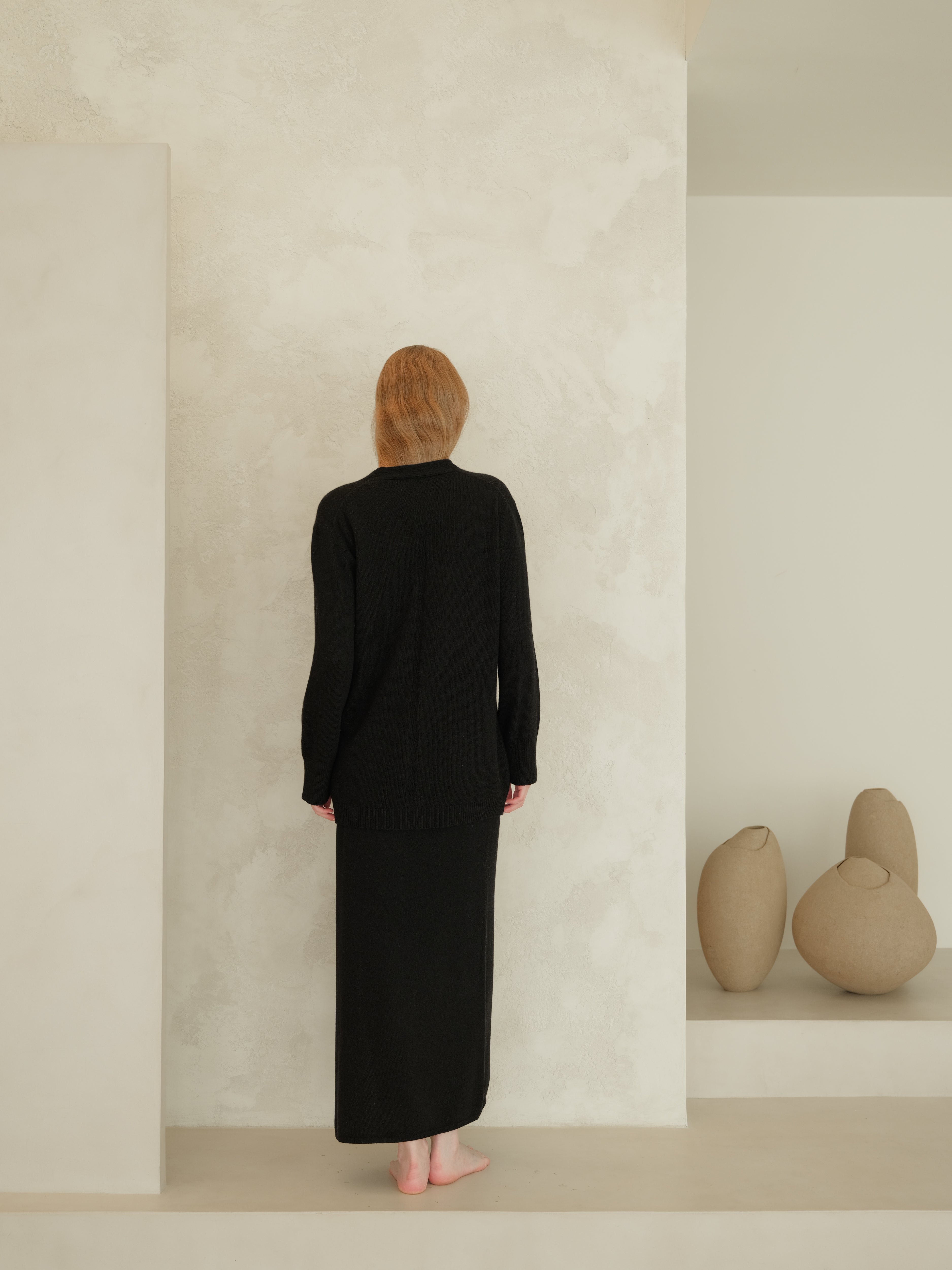 Cashmere Blend High-Waist Long Skirt With Side Slit (3D-Knit)