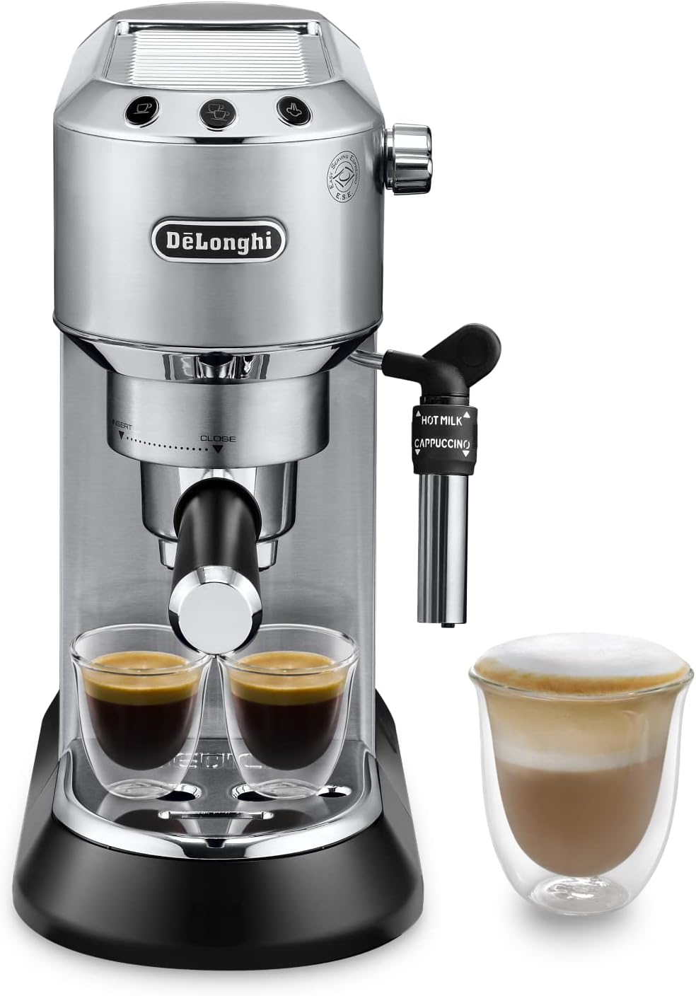 De'Longhi Dedica - Rustfri stålpumpekaffemaskine til formalet kaffe eller kapsler, Espresso og Cappuccino, 1,3 liters tank, Anti-dryp-system, Model EC685.M, Metalfarve