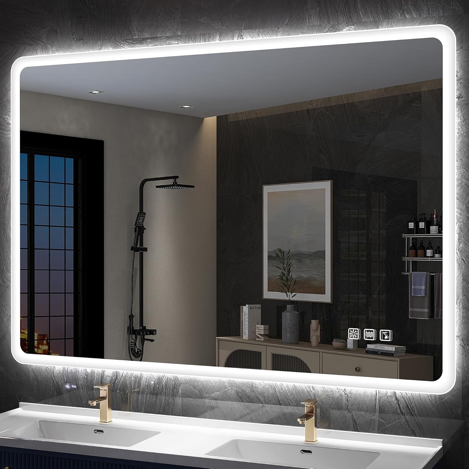 S'bagno badeværelsesspejl med lys 1200x700mm, IP44 - badeværelsesspejl med LED og Bluetooth, antidugfunktion / 3 lysfarver (3000K, 4000K, 6500K) / Dæmpbar / Memory, lodrette eller vandrette badeværelsesspejle med LED