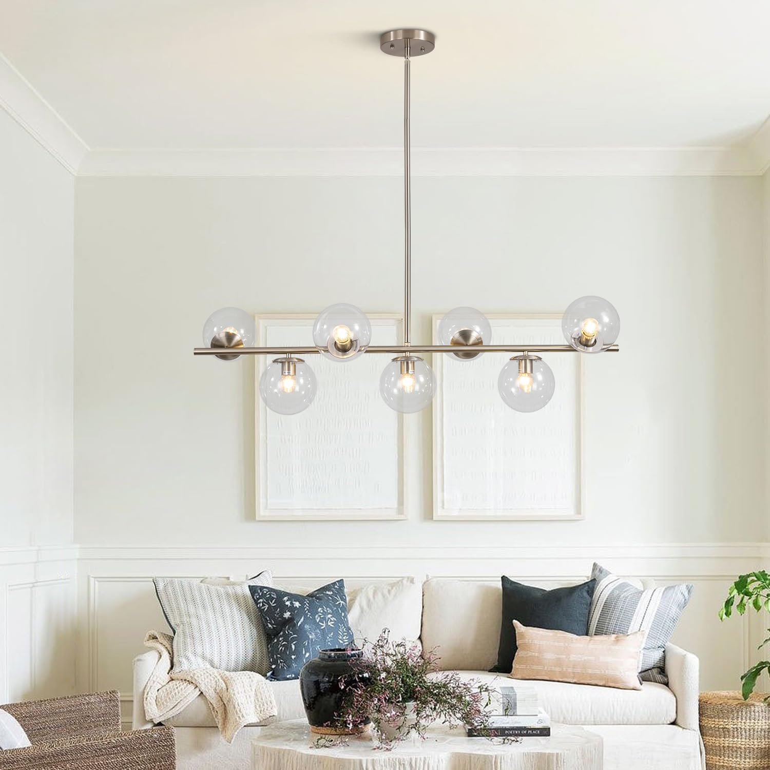 Moderne Esszimmerleuchte von KCO Lighting aus goldfarbenem Metall, Kücheninsel-Pendelleuchte aus weißem Glas, 7-flammig, E27, 80 cm höhenverstellbar