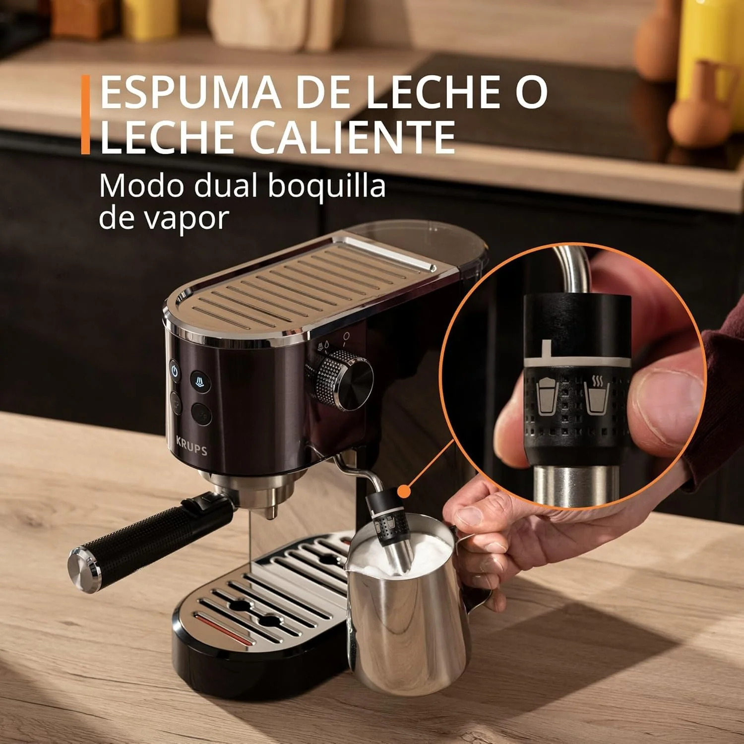 Machine à expresso Krups Virtuoso Essential - 15 bars. Acier inoxydable noir. Design compact et élégant. Arrêt automatique. Expresso et cappuccino. Thermobloc. Buse vapeur. Doseur inclus. XP4418