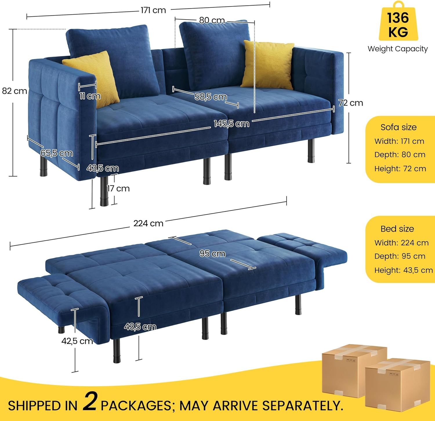 Yaheetech 2-personers fløjlssovesofa, konvertibel sofa 171x80x72cm med 4 puder, sofa med justerbare armlæn og ryglæn til stue, soveværelse og arbejdsværelse, grå