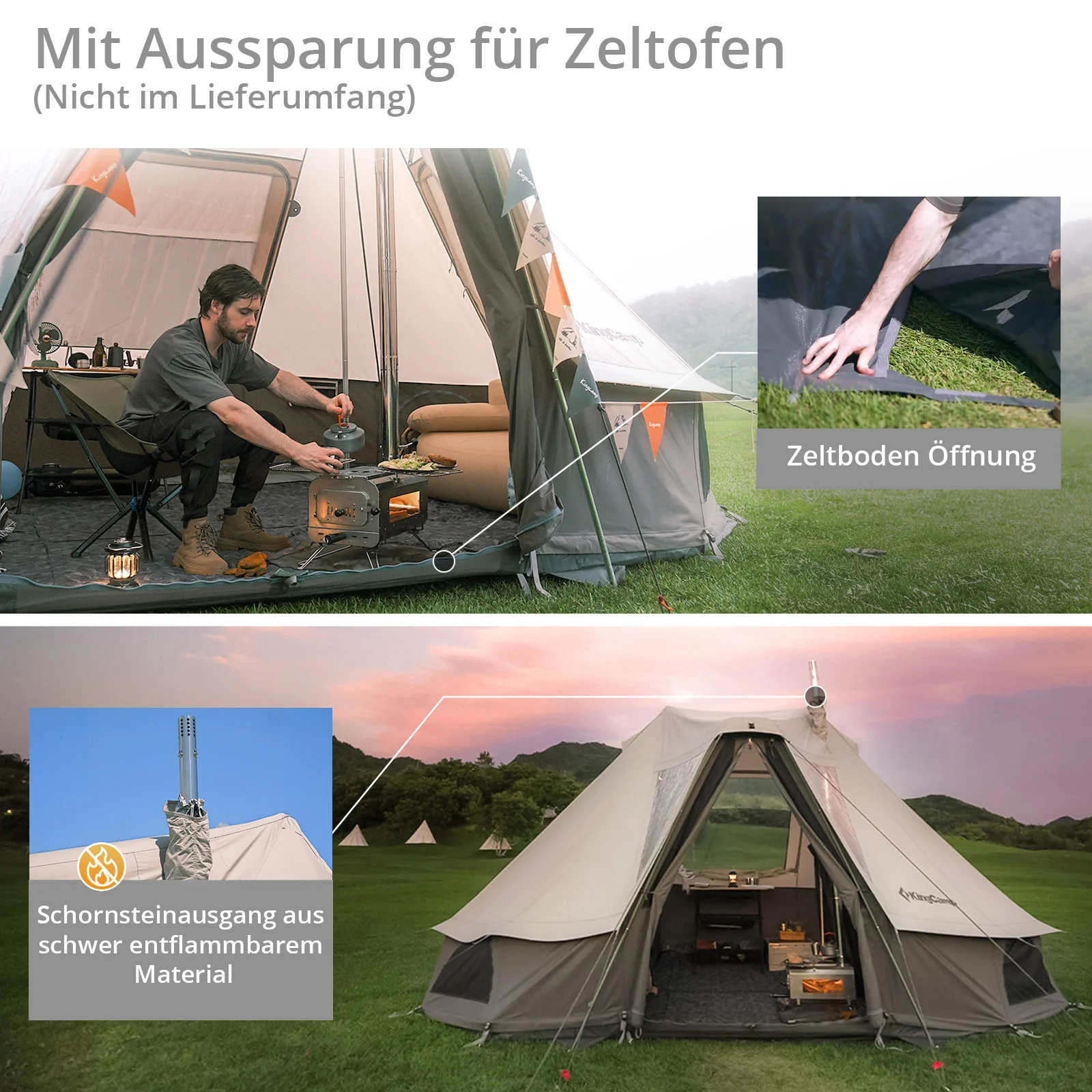 2025 KingCamp Khan Villa – Luxuriöses Glamping-Gruppenzelt mit 240 cm Innenhöhe, Kaminabzug und Seitenwänden aus Netzgewebe für optimale Belüftung