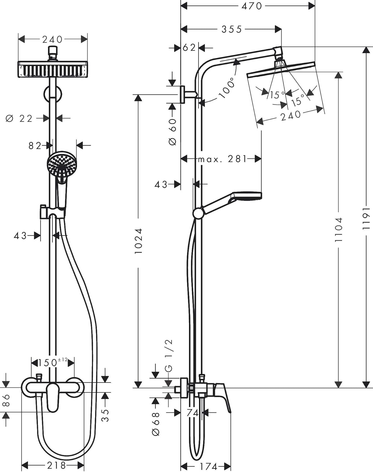 hansgrohe Crometta E - wassersparendes Duschsystem (EcoSmart) mit Thermostat, Regendusche (240 x 240 mm), Handbrause (2 Strahlarten), flexiblem Schlauch, Brausestange und rechteckigem, feststehendem Brausekopf, Chrom, 27281000