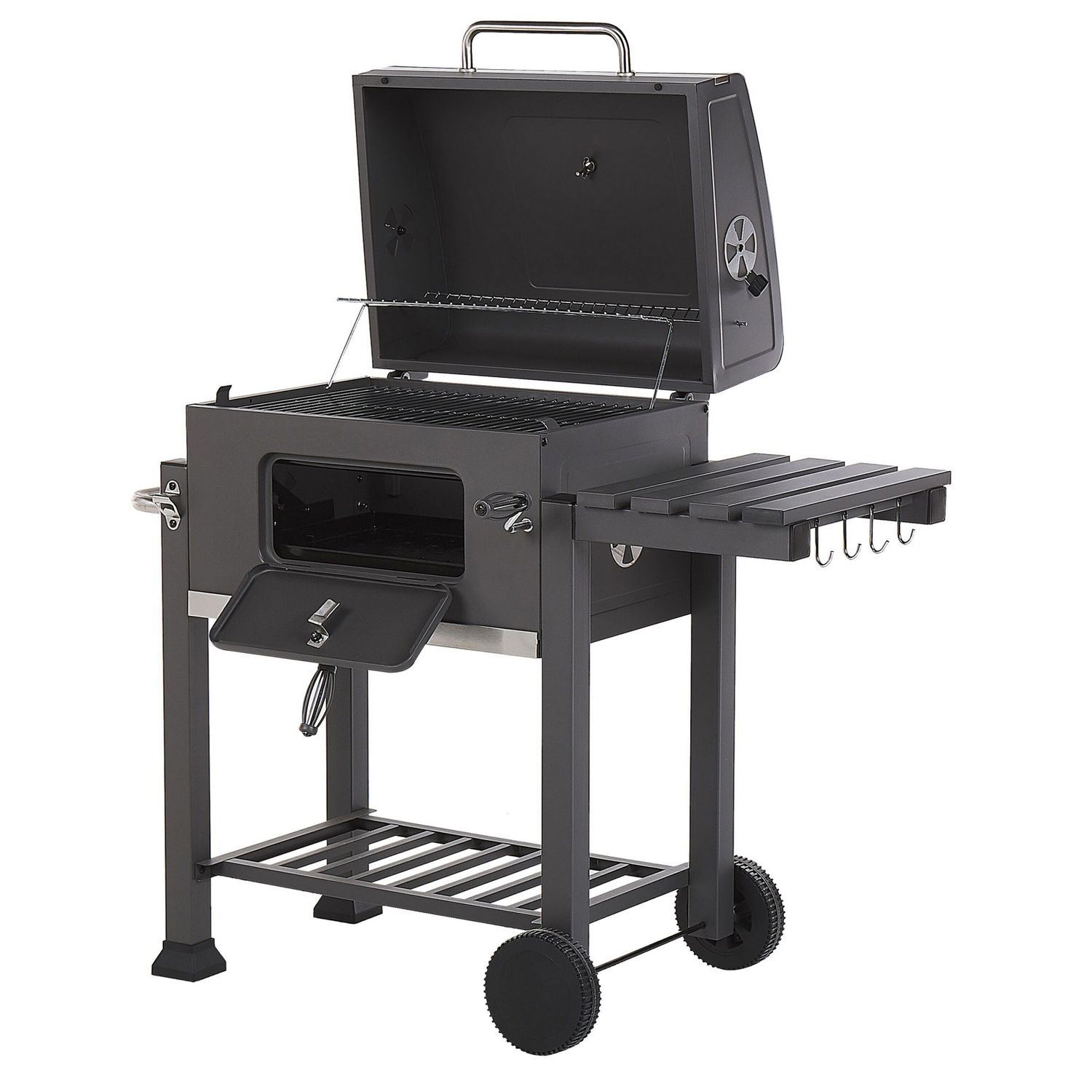 Holzkohlegrill, Stahlgrau, mit Deckel, Grillrost, Rädern, 2 Ablagen, Thermometer, herausnehmbarem Aschenbecher, Gartenpavillon – Grau