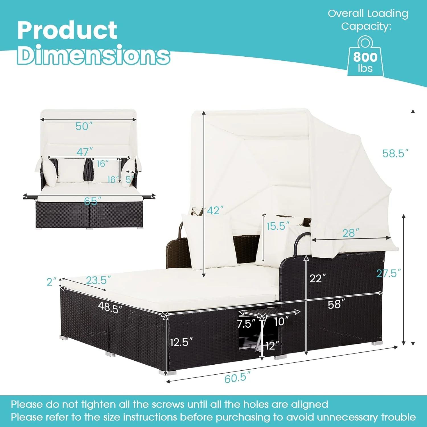 RELAX4LIFE udendørs haveseng med baldakin. Vævet harpiks liggestol med hynder. 4 puder og 2 udtrækkelige sidebakker. Loungeseng til 2 personer til pool, veranda, have. Rattan udendørs seng (turkis)