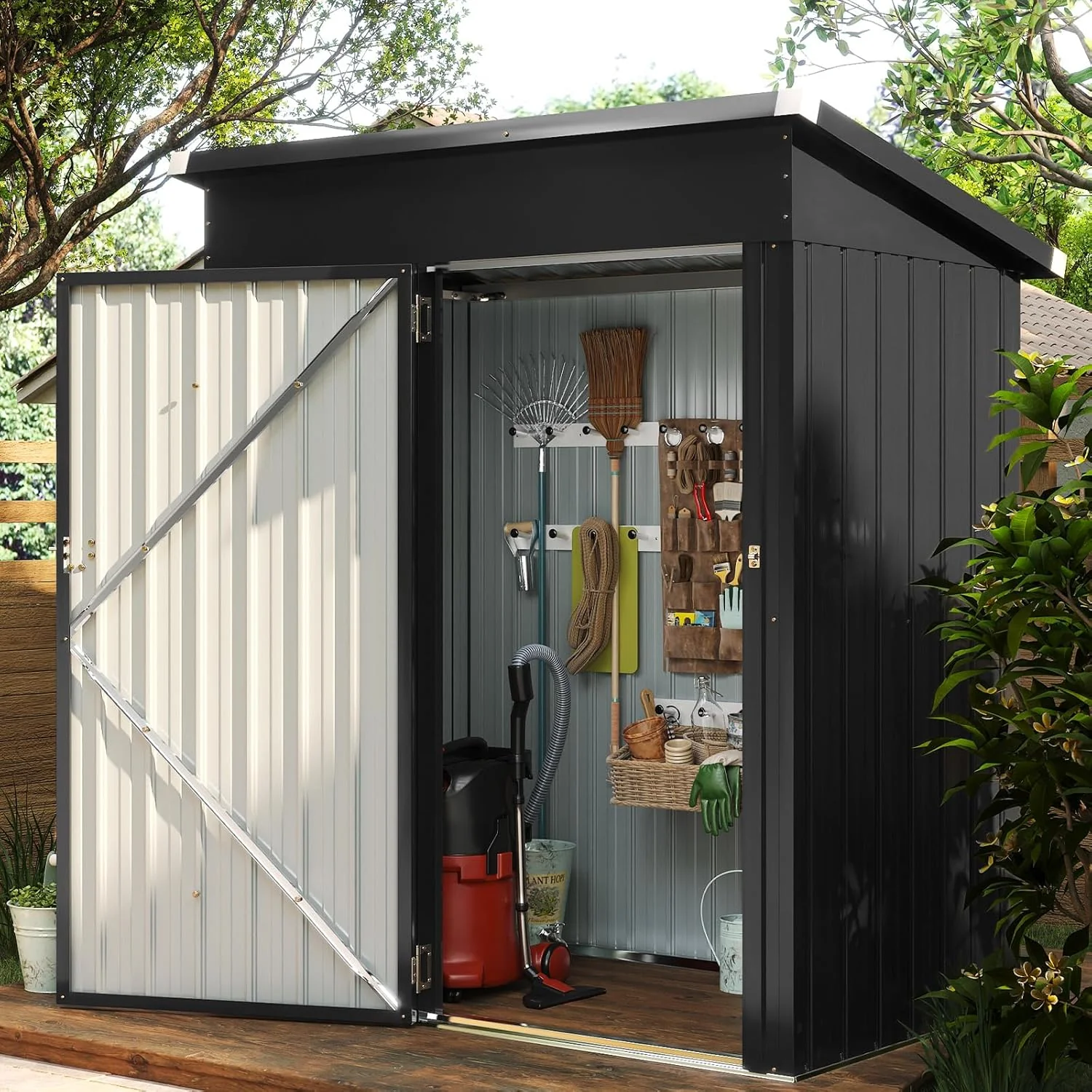 6.2x4 FT Shed Outdoor Storage Shed Metal Garden Shed with Lockable Doors & Slooping Roof Tool Shed Bike Shed for Backyard, Patio, Poolside (Brown)