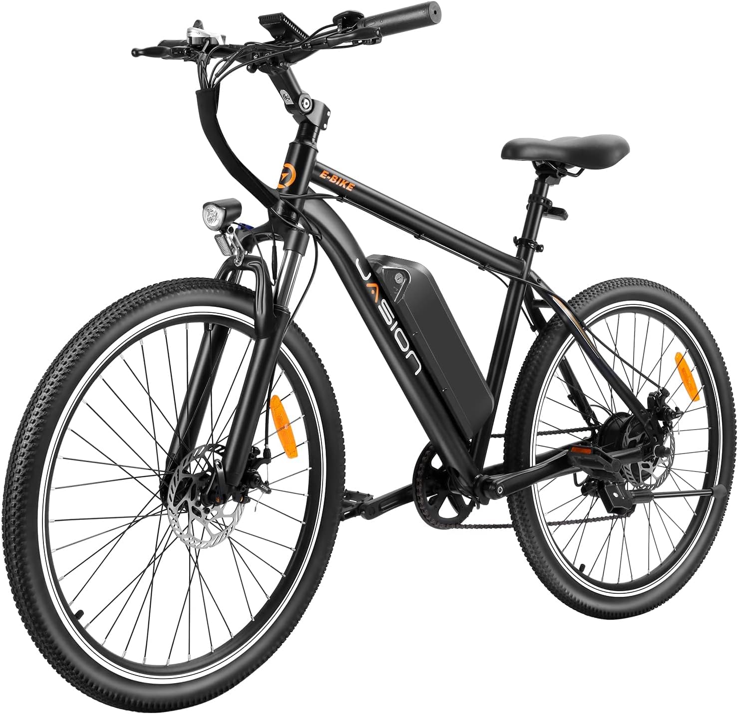 Vélo électrique Jasion EB5 pour adultes avec batterie amovible de 360 ​​Wh, 64 km, 32 km/h, VTT électrique de ville avec moteur de 350 W, 7 vitesses, pneus de 26 pouces et suspension avant.