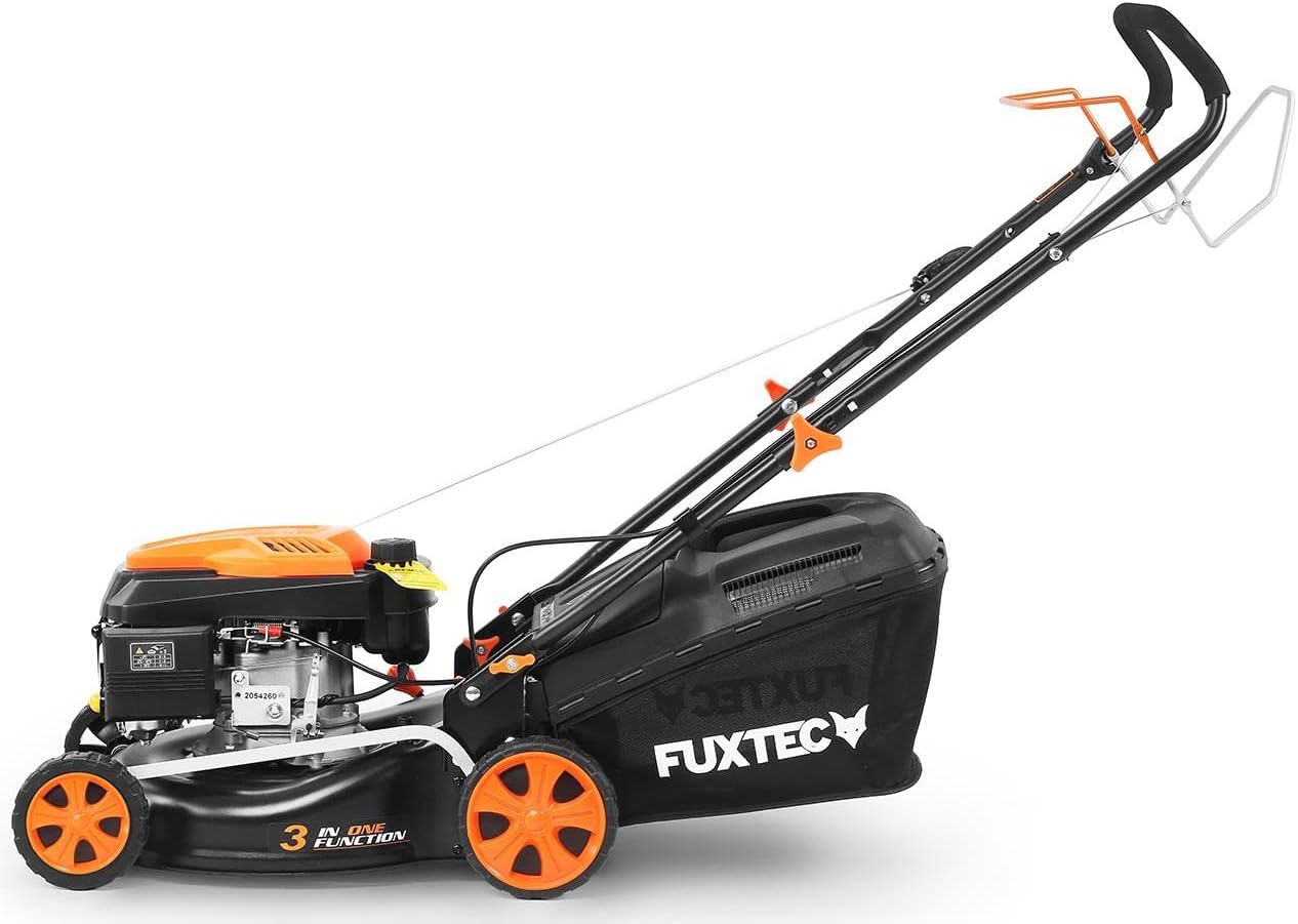 Tondeuse à gazon à essence FUXTEC FX-RM4646ECO, largeur de coupe de 46 cm, puissant moteur à essence de 146 cm³, nettoyage facile, 3 en 1, 2,6 kW, bac de ramassage mulching de 50 l.