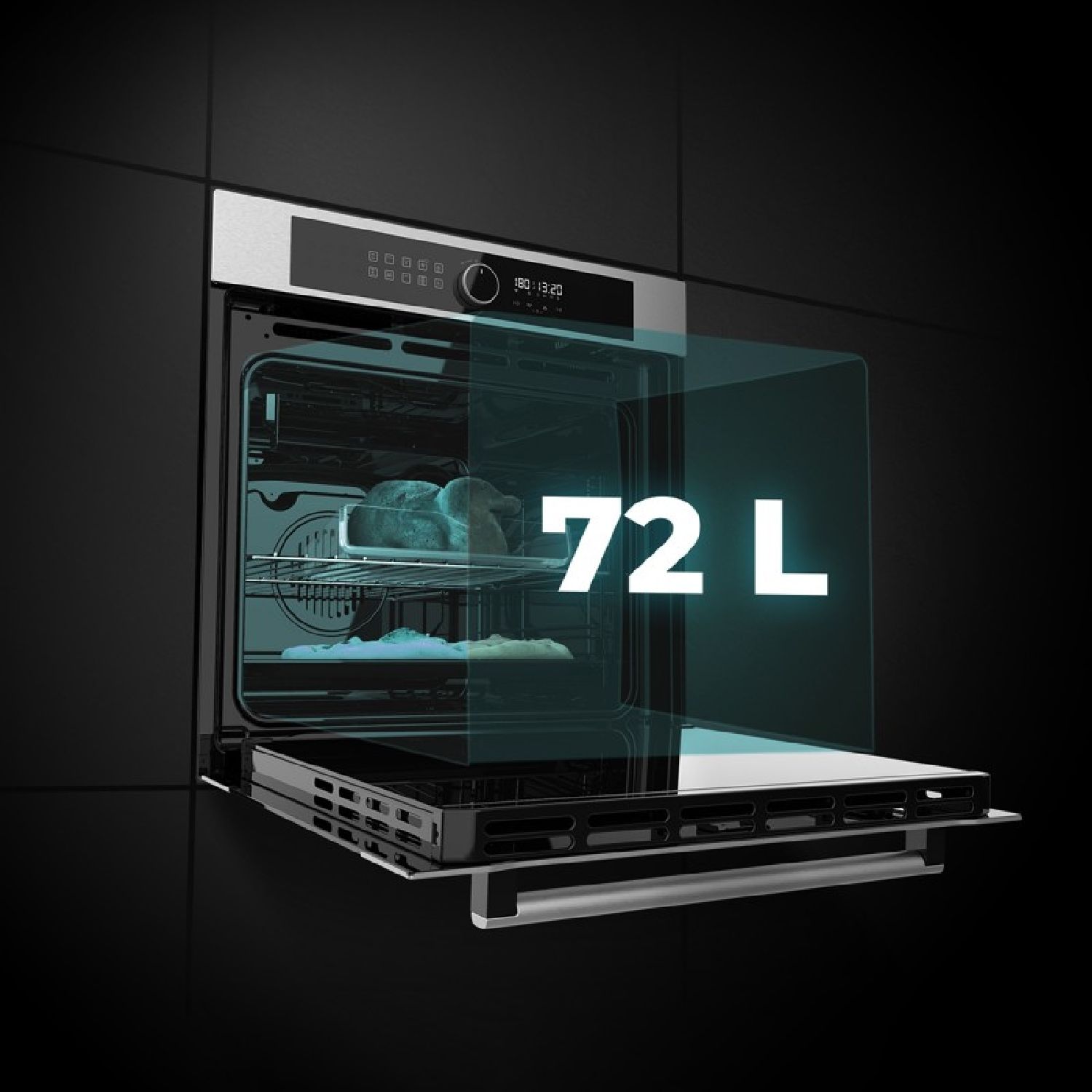 Einbau-Heißluftfritteuse aus Edelstahl mit 72 Litern Fassungsvermögen und 11 Funktionen, darunter Airfryer Master, Pizza Master, Dampfgarhilfe und Dampf-Easyclea.