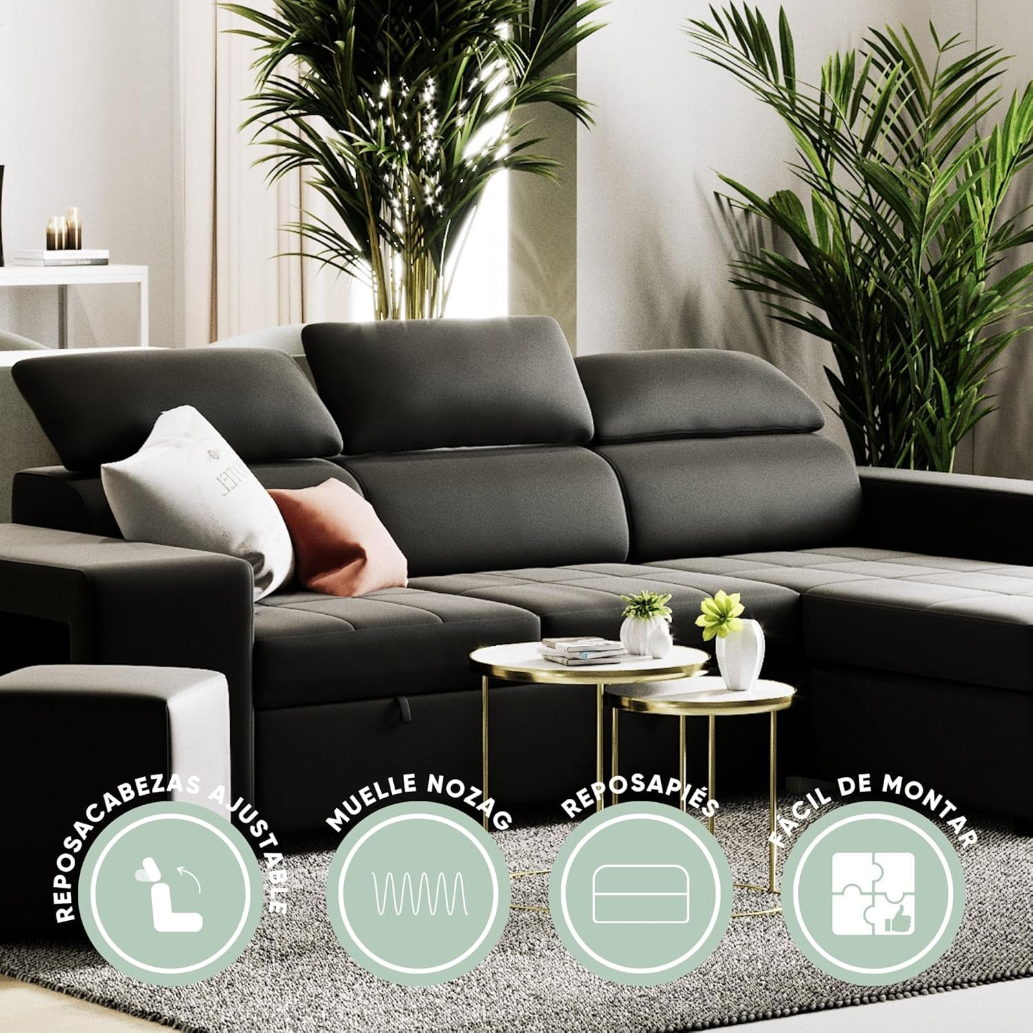 BUDWING John 4-Sitzer Ecksofa mit Schlaffunktion – Wendbare Chaiselongue, verstellbare Kopfstütze und 2 Hocker – Polyurethanbezug – Modernes Design – 263 x 161 x 96 cm – Schwarz