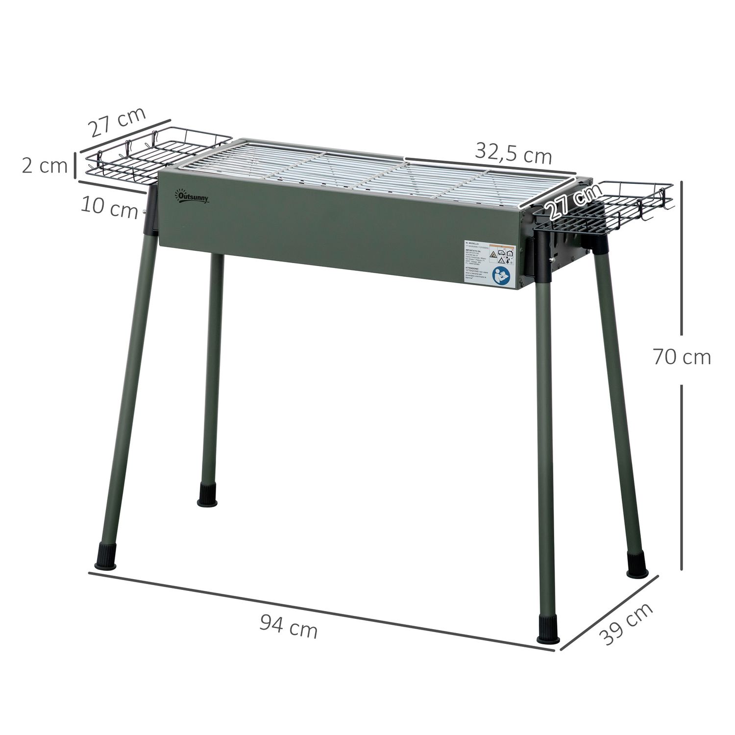 Edelstahl-Holzkohlegrill, Metall, 94 x 39 x 70 cm, Farbe: outsunny.green