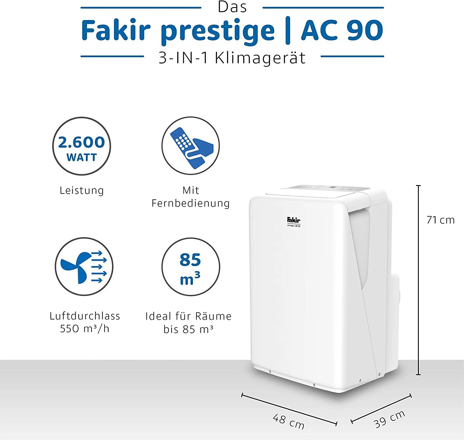 Fakir Prestige AC 90 (2025) – Tragbare Klimaanlage | Luftkühler mit 3 Windmodi + Automatikfunktion, Timer und Fernbedienung | Zusatzventilator für Räume bis zu 85 m³ | Weiß | 2600 Watt
