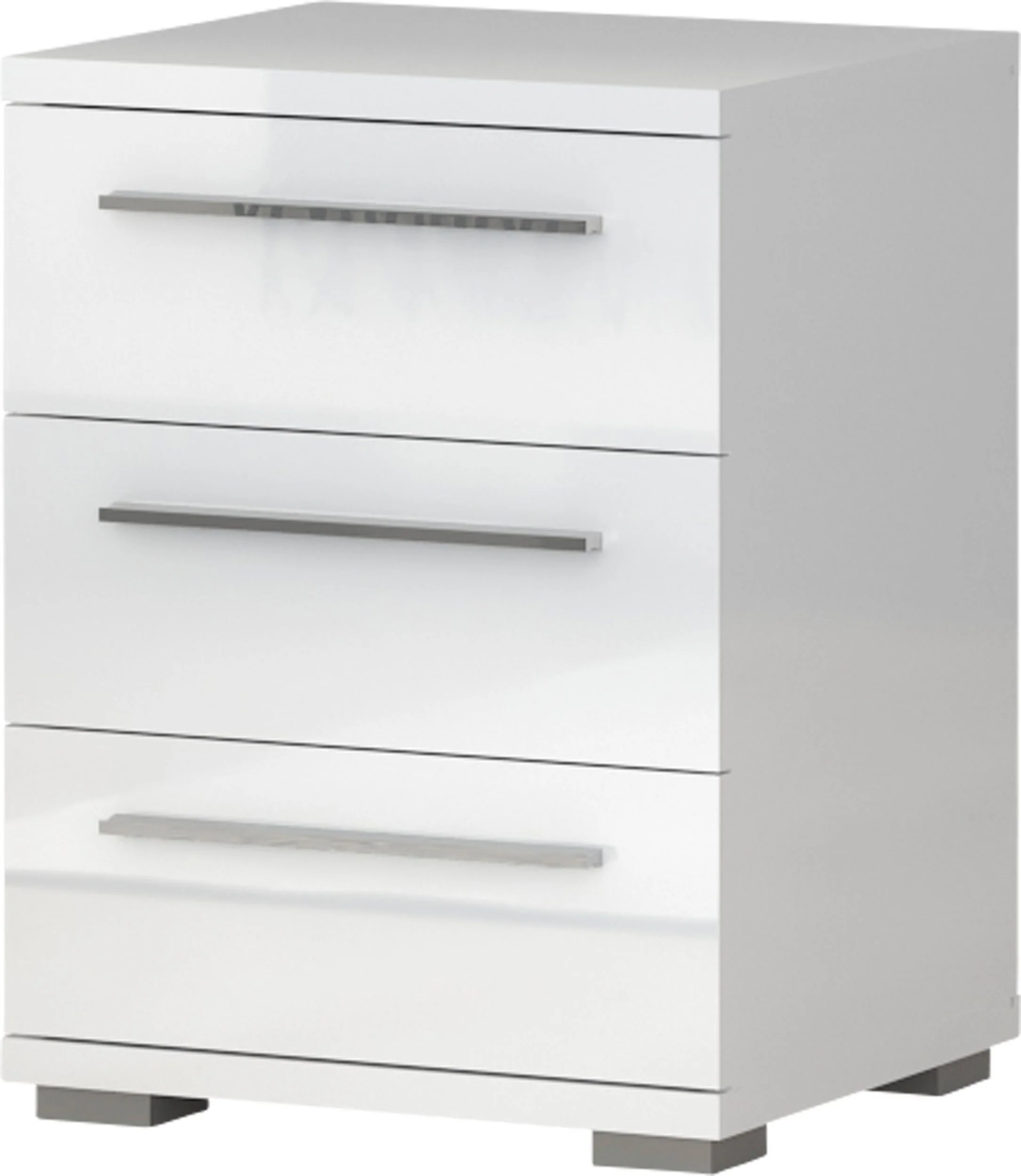 Hvidt, blankt klaver-natbord med 3 skuffer med softclose, 45 cm bredt