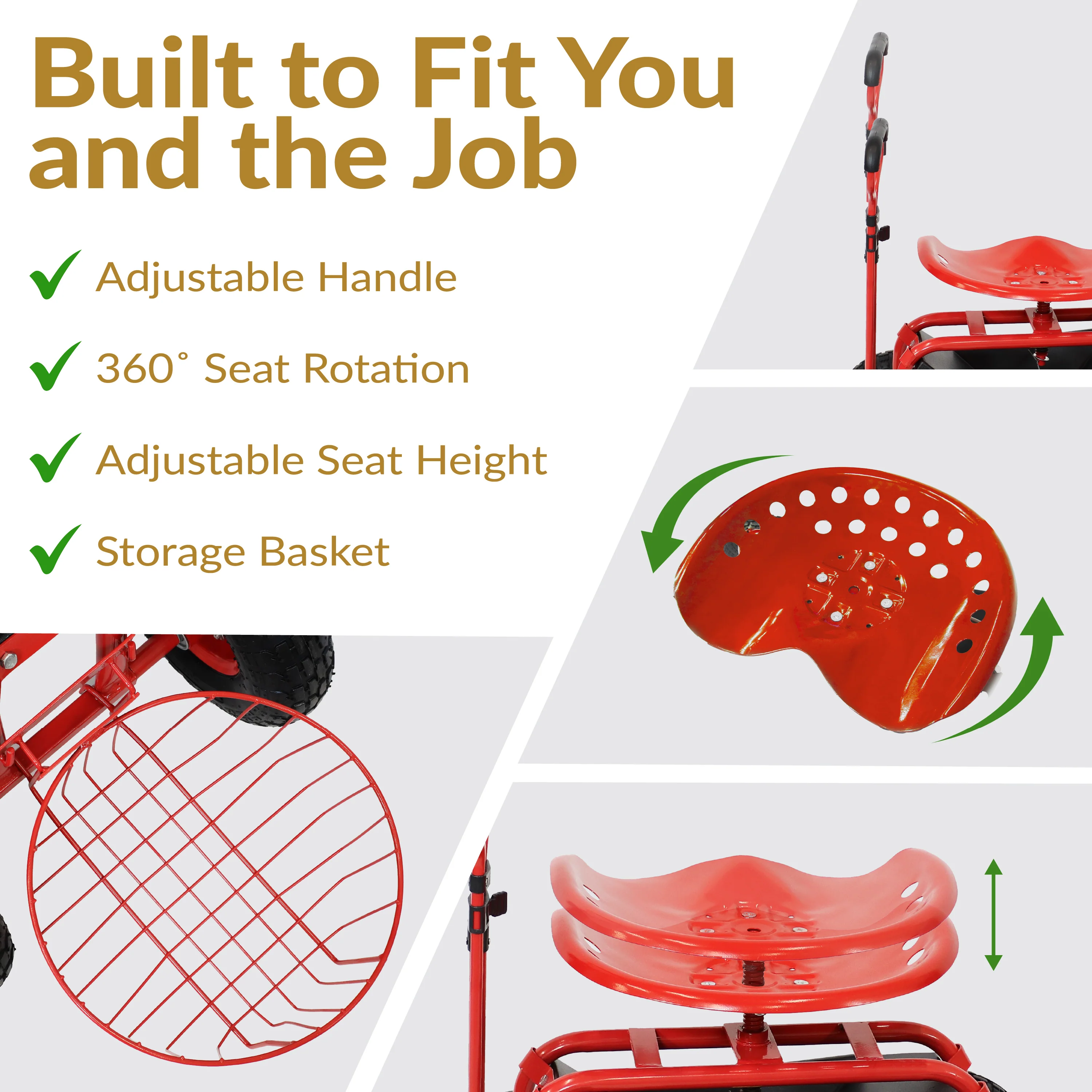 Chariot de jardin roulant Sunnydaze 2025 avec siège pivotant, guidon et panier