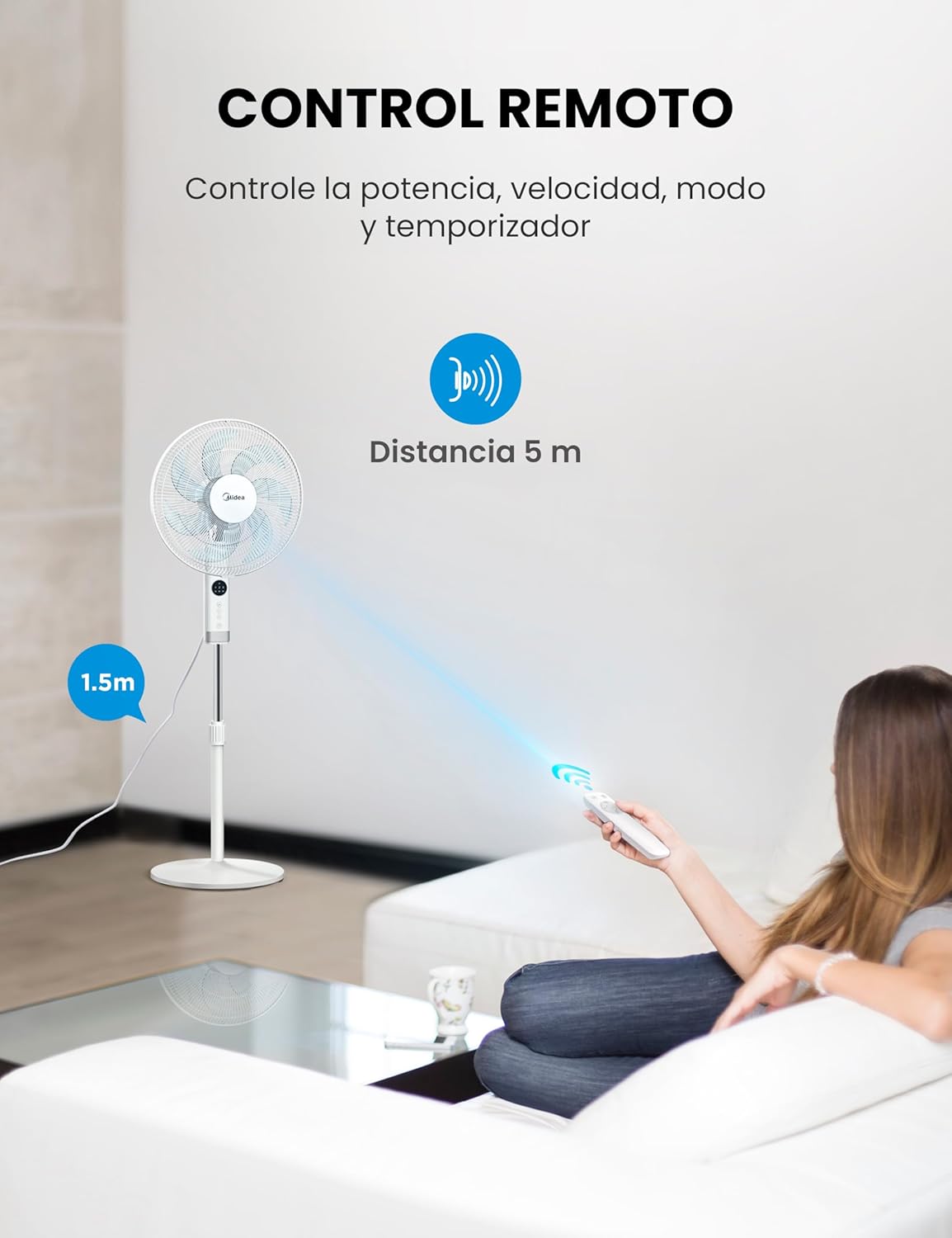 Ventilateur sur pied MIDEA 12 vitesses avec télécommande – Ventilateur silencieux avec oscillation 120º + 135º – Ventilateur avec minuterie, filtre et doubles pales – Débit d'air jusqu'à 24 mètres