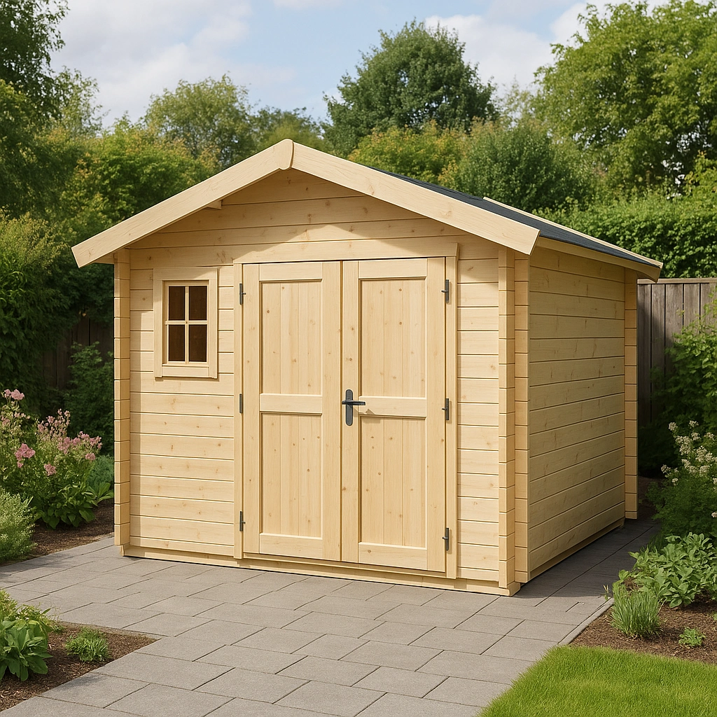 Abri de jardin en bois naturel 240 cm x 240 cm x 260 cm avec fenêtre et portes