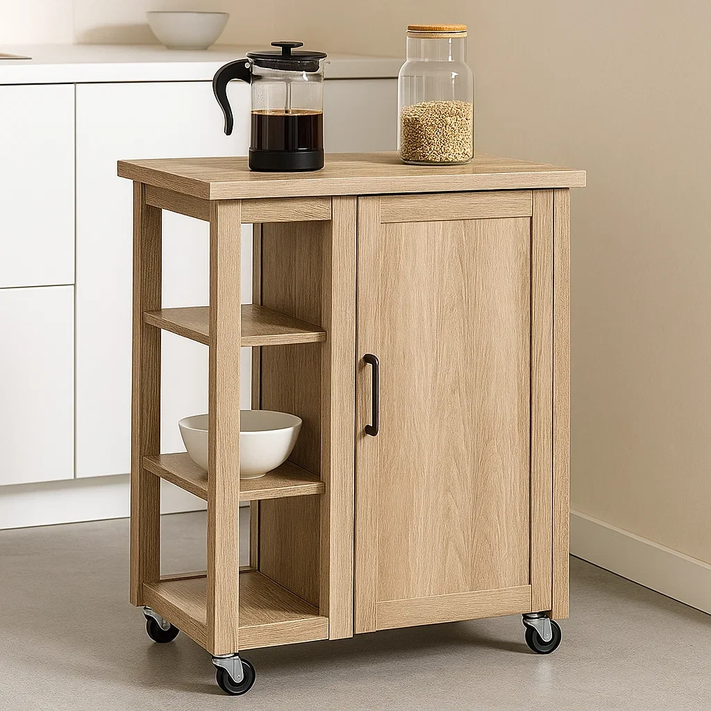 Îlot de cuisine, desserte de cuisine à roulettes, bois naturel, portes et étagères, 80 x 40 x 85 cm. - kUK3ihRBc4As