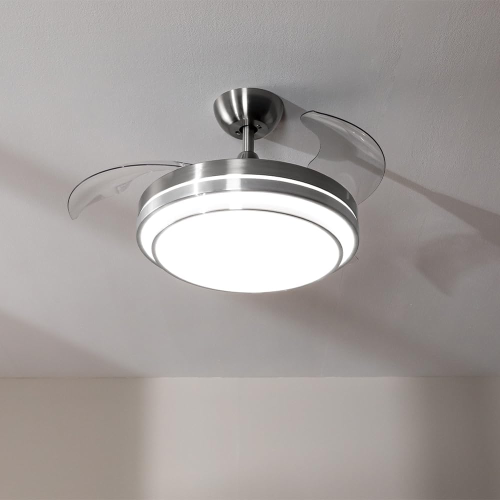 Ventilateur de plafond Cecotec à pales rétractables et lampe invisible EnergySilence Aero 4280 en acier, 40 W, diamètre 42 pouces (106 cm), minuterie, 3 tons lumineux, fonction été-hiver