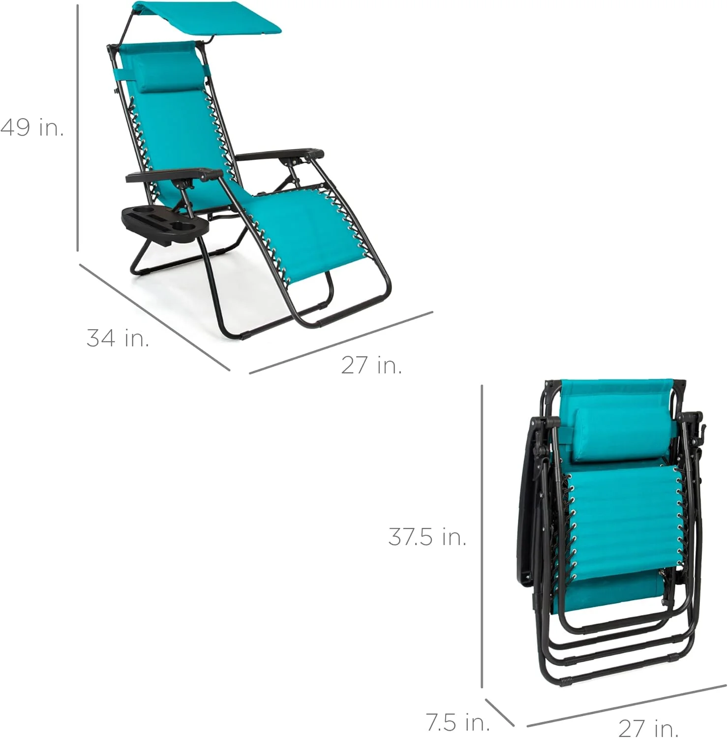 Bedste valg – Zero Gravity-lænestol til terrassen. Justerbar og foldbar udendørsstol med baldakin, nakkepude og sidebakke. Textilene – Påfugleblå