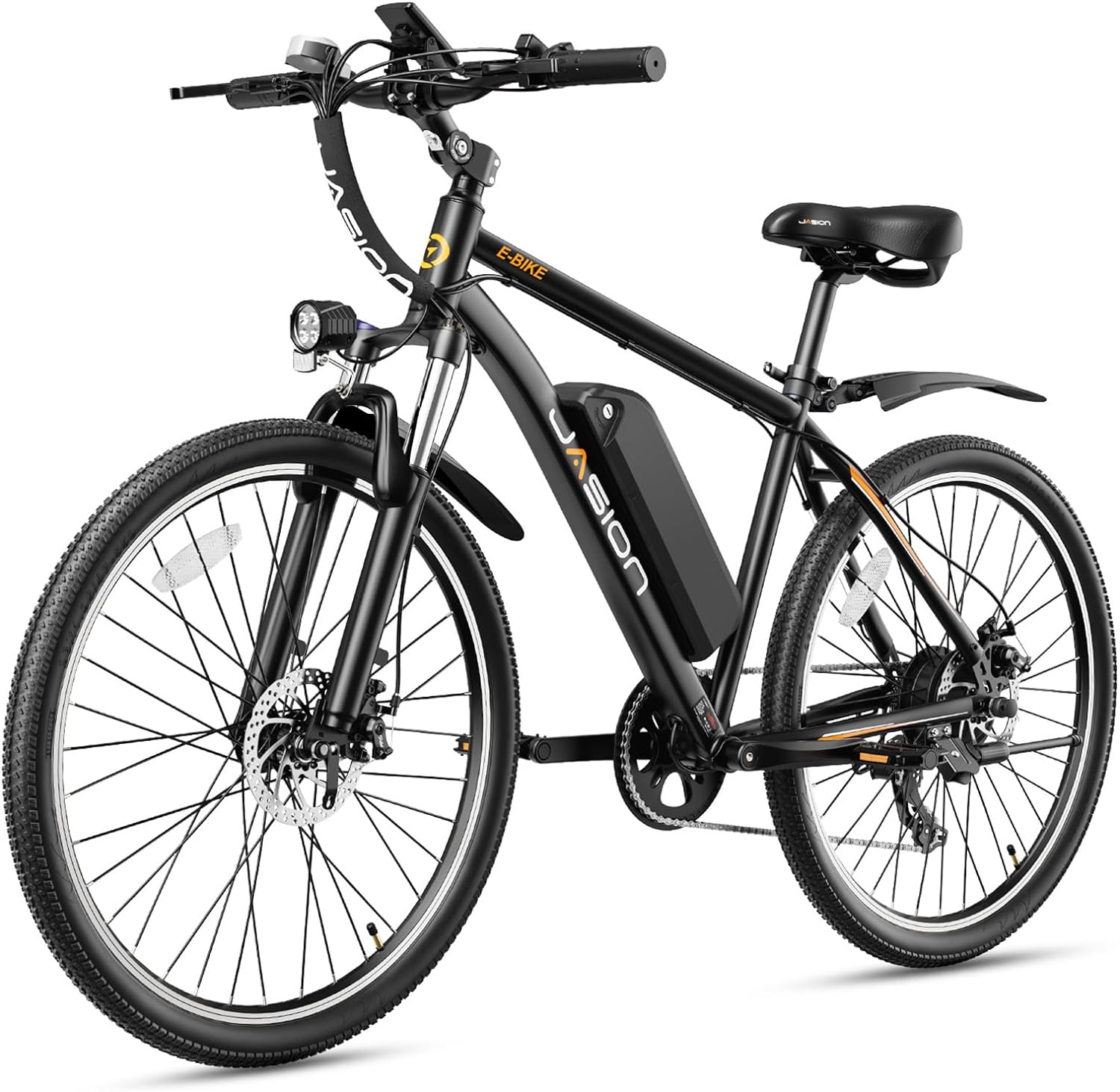 Vélo électrique Jasion EB5 pour adultes avec batterie amovible de 360 ​​Wh, 64 km, 32 km/h, VTT électrique de ville avec moteur de 350 W, 7 vitesses, pneus de 26 pouces et suspension avant.