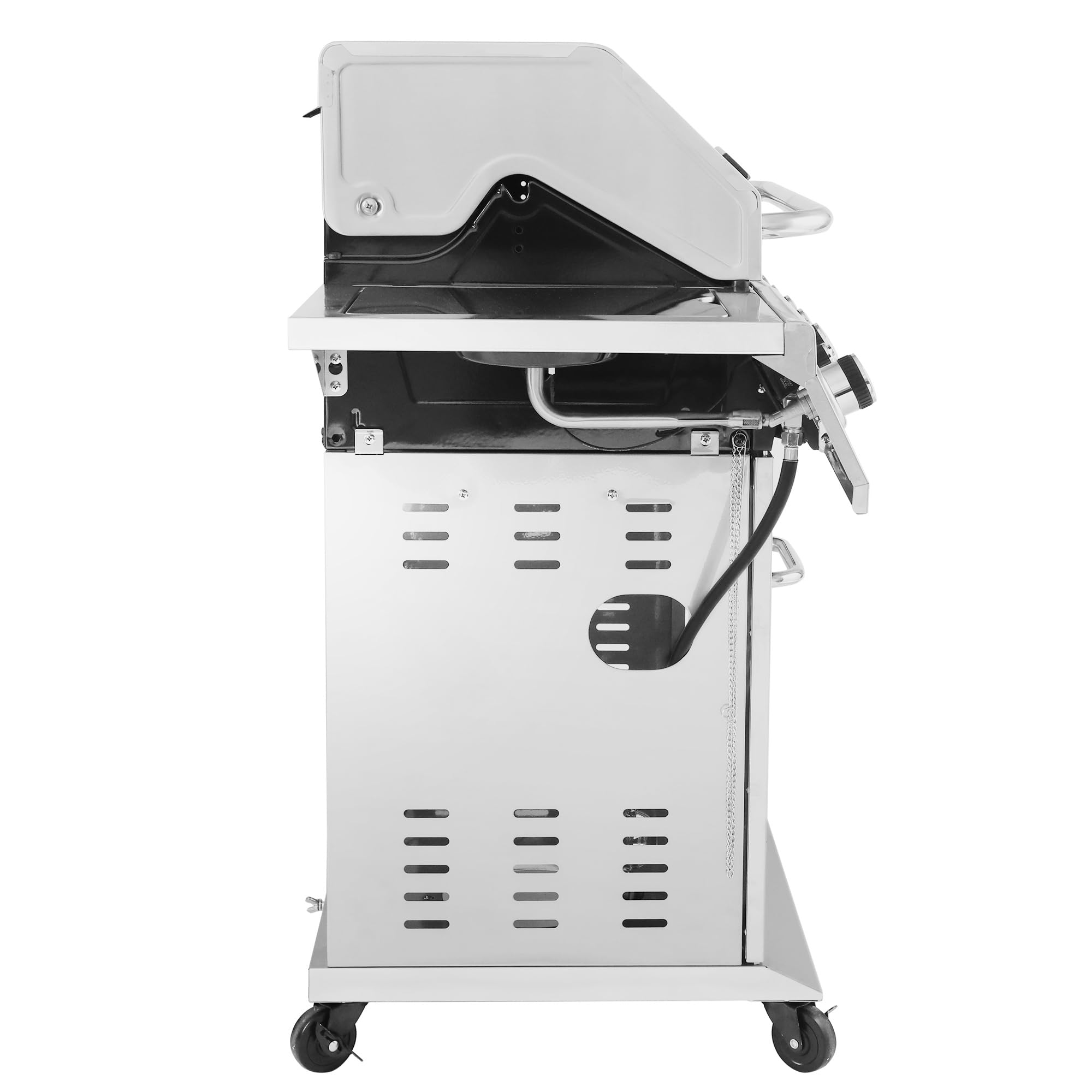 2025 Royal Gourmet GA6402S gasgrill i rustfrit stål. Premier propangrill med 6 brændere, searbrænder og sidebrænder. 74.000 BTU. Skabsstil. Udendørs grill. Sølv.