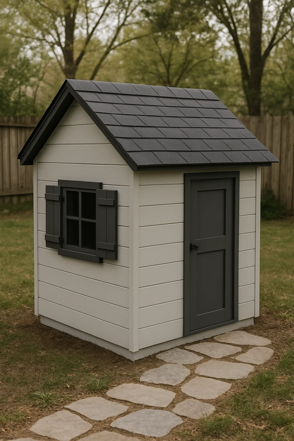 Cabane de jardin en bois blanc avec volets gris, 120 x 100 x 140 cm, référence PnRGKYX141GD