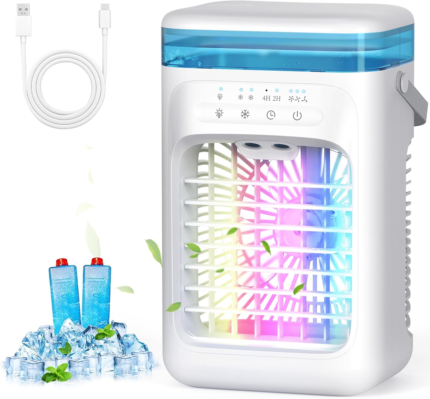 AIMIUVEI Mini-Klimaanlage, tragbar, 5-in-1-Luftkühler, Ventilator mit 1000-ml-Wassertank, 3 Geschwindigkeitsstufen, 2 Nebelmodi, 2-4-Stunden-Timer, Kühlventilator mit 7 LED-Leuchten für Schlafzimmer und Büro